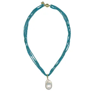 425-01-G | 5-STRAND TURQUOISE & WILD PEARL DROP ON GOLD 18"