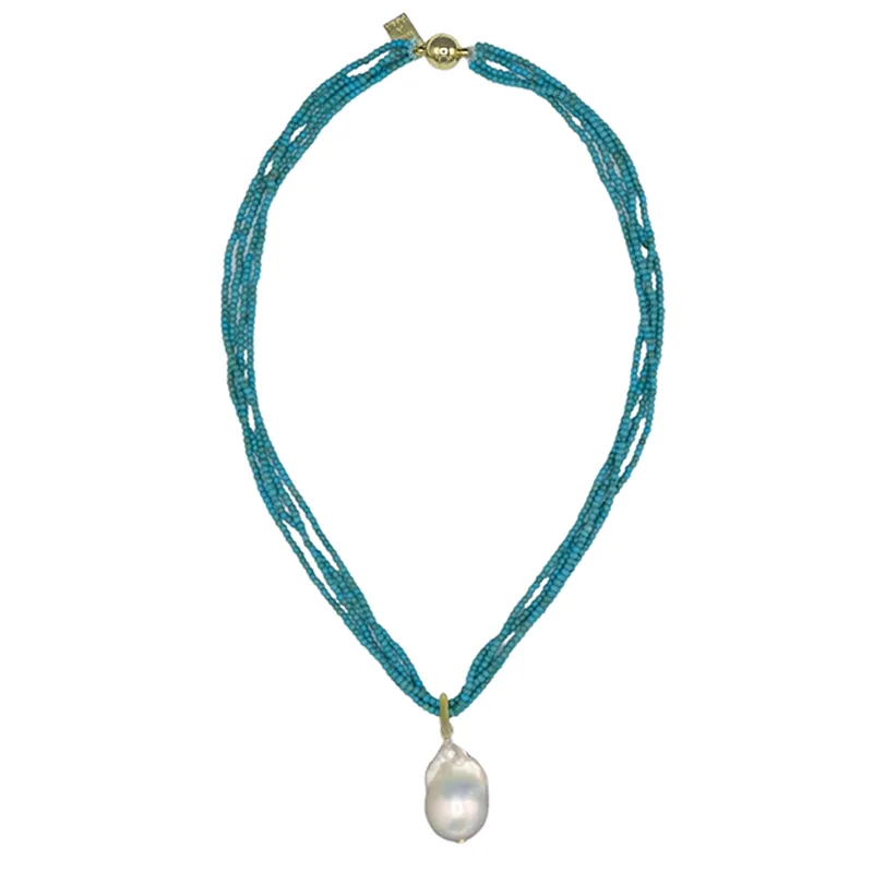 425-01-G | 5-STRAND TURQUOISE & WILD PEARL DROP ON GOLD 18"