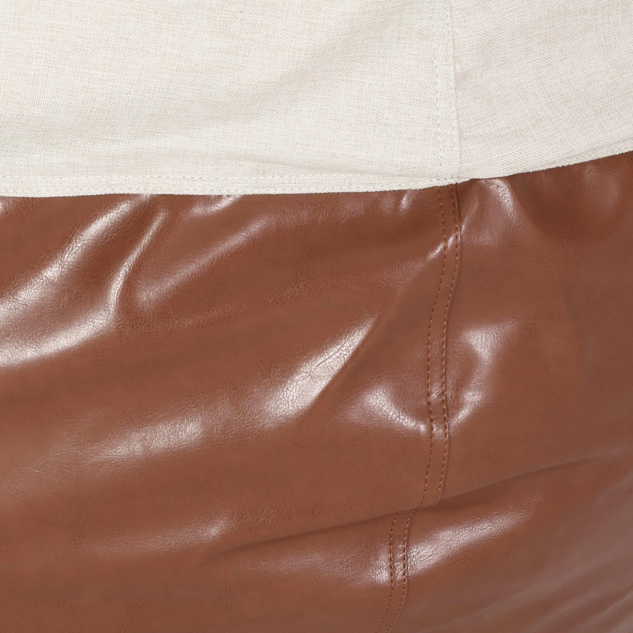 5 Foot Two Color Fabric and Leather Rounded Bean Bag Beige Modern