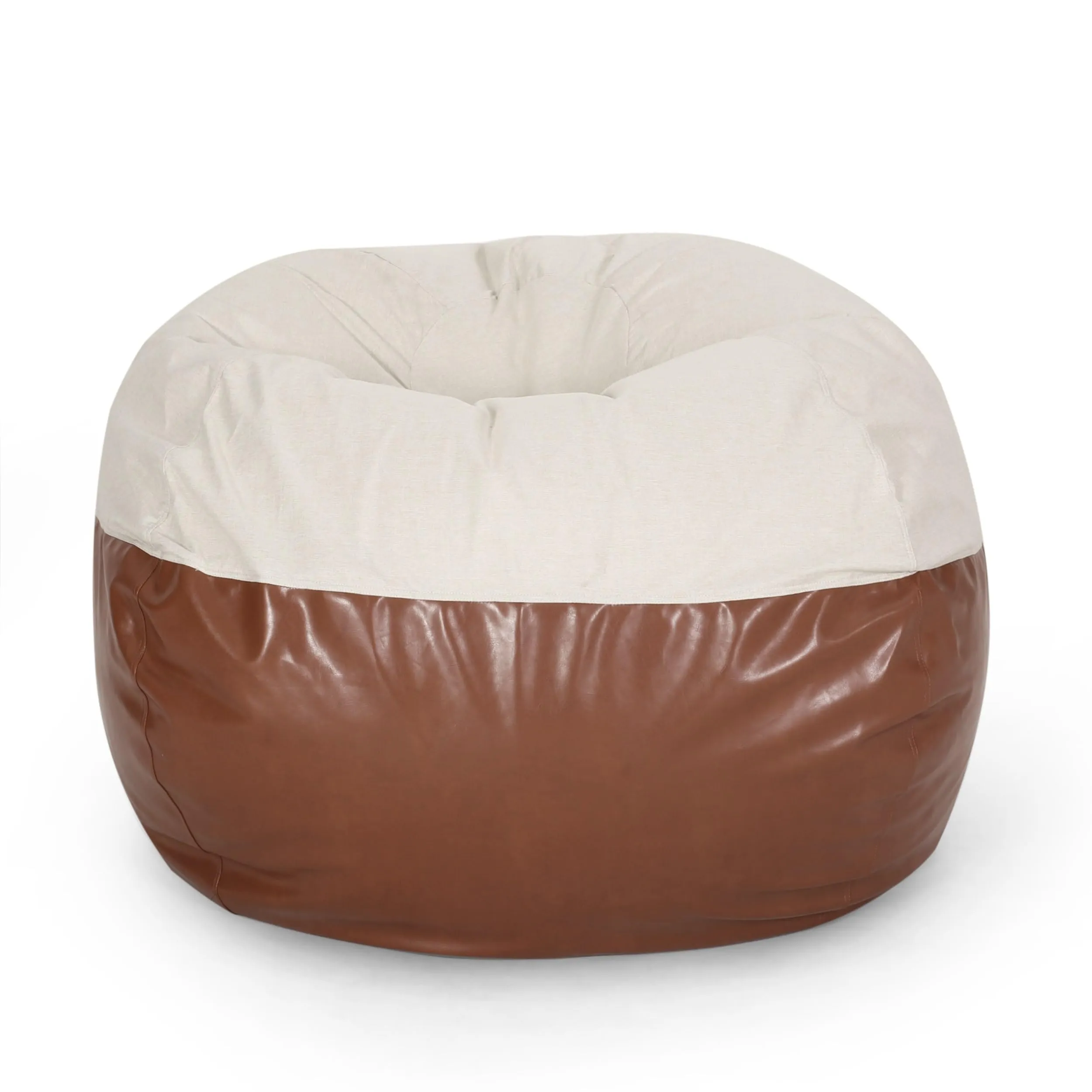 5 Foot Two Color Fabric and Leather Rounded Bean Bag Beige Modern