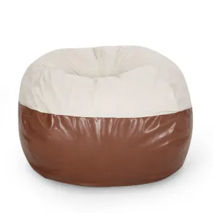 5 Foot Two Color Fabric and Leather Rounded Bean Bag Beige Modern