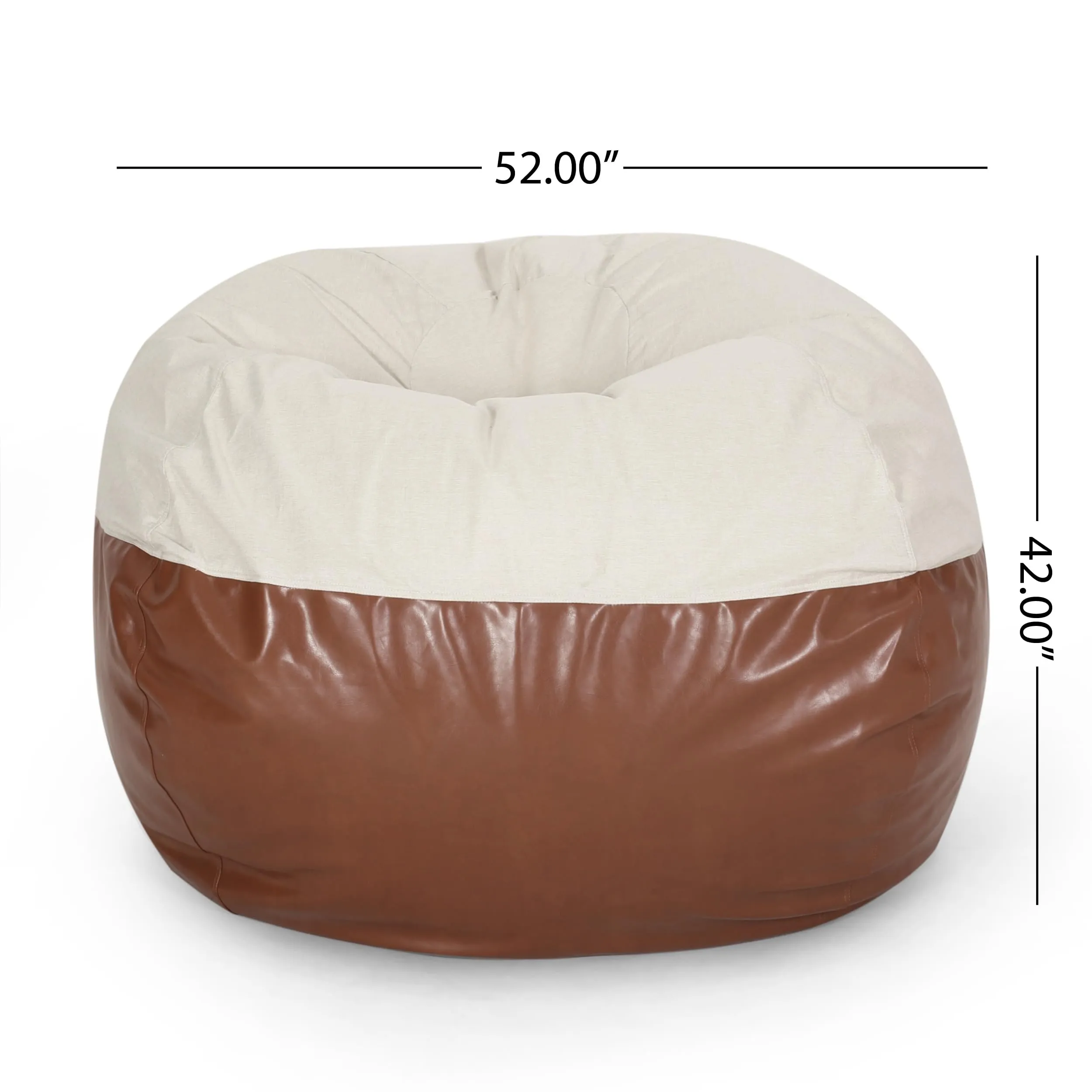 5 Foot Two Color Fabric and Leather Rounded Bean Bag Beige Modern