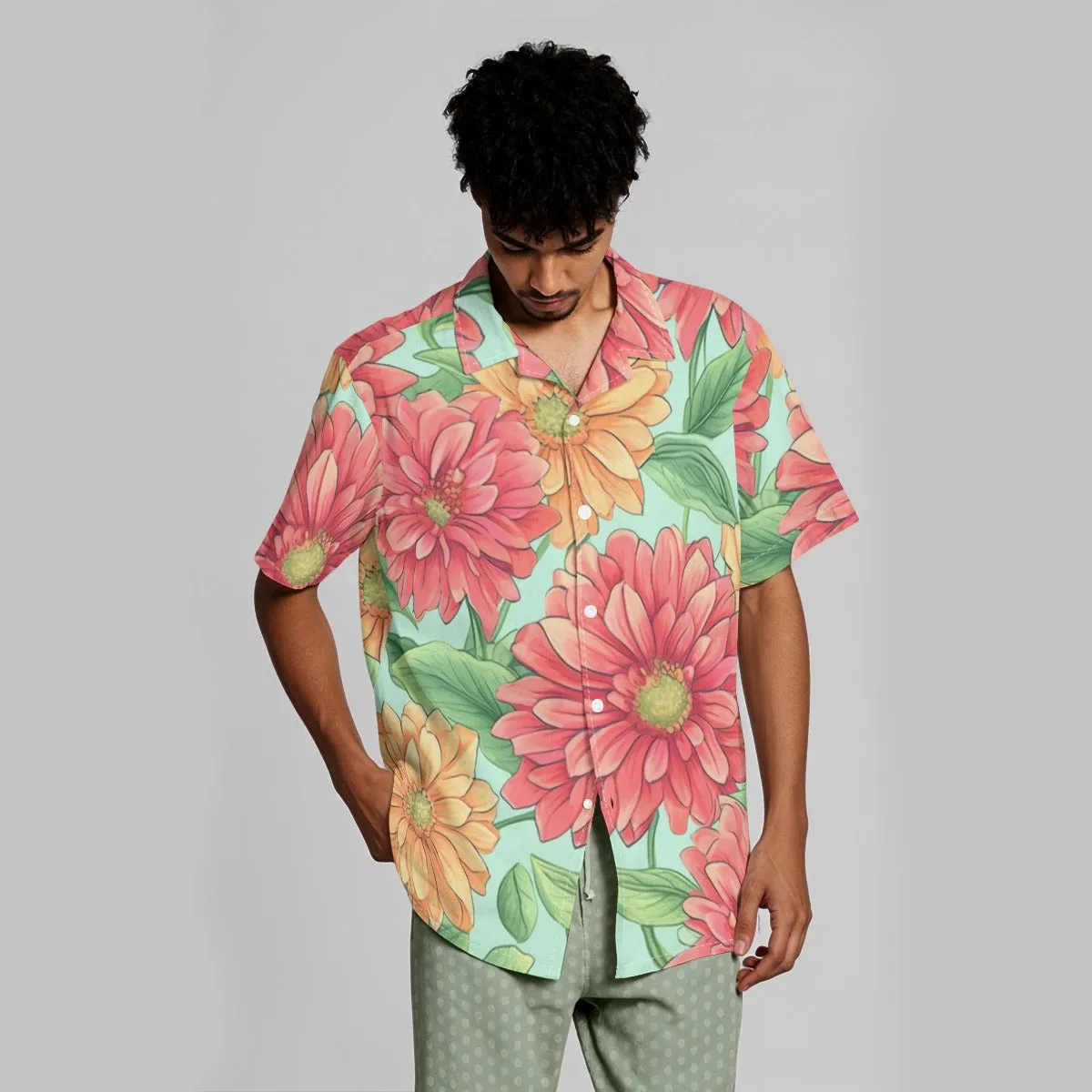 All-Over Print Men's Hawaiian Shirt With Button Closure