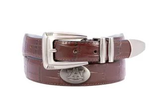 Auburn Tigers Men's Collegiate Croc Leather Belt. Auburn Gift. Tigers Belt. War Eagle. Brown Croc Pattern Full Grain Finish With Metal Conchos.