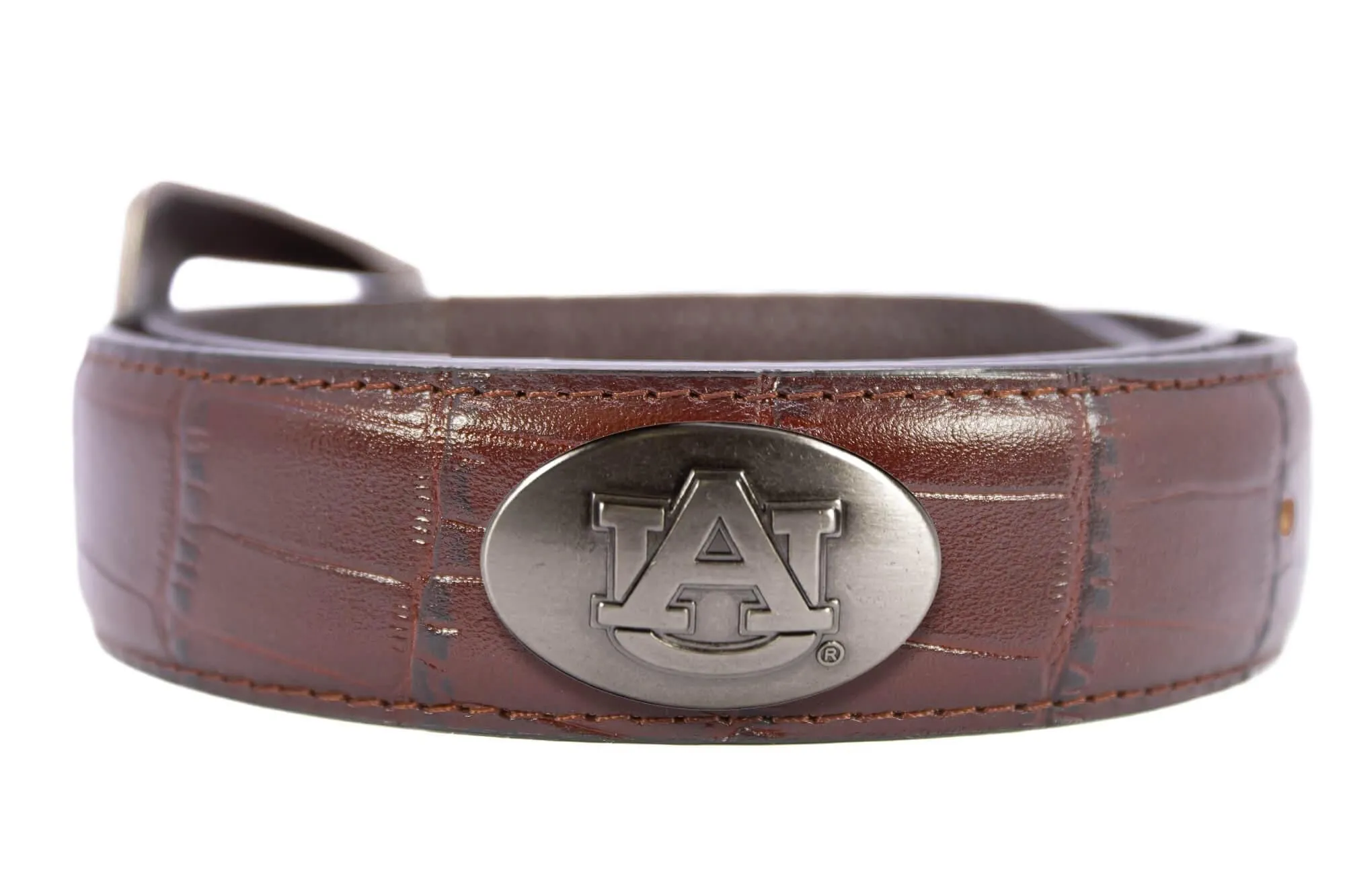 Auburn Tigers Men's Collegiate Croc Leather Belt. Auburn Gift. Tigers Belt. War Eagle. Brown Croc Pattern Full Grain Finish With Metal Conchos.