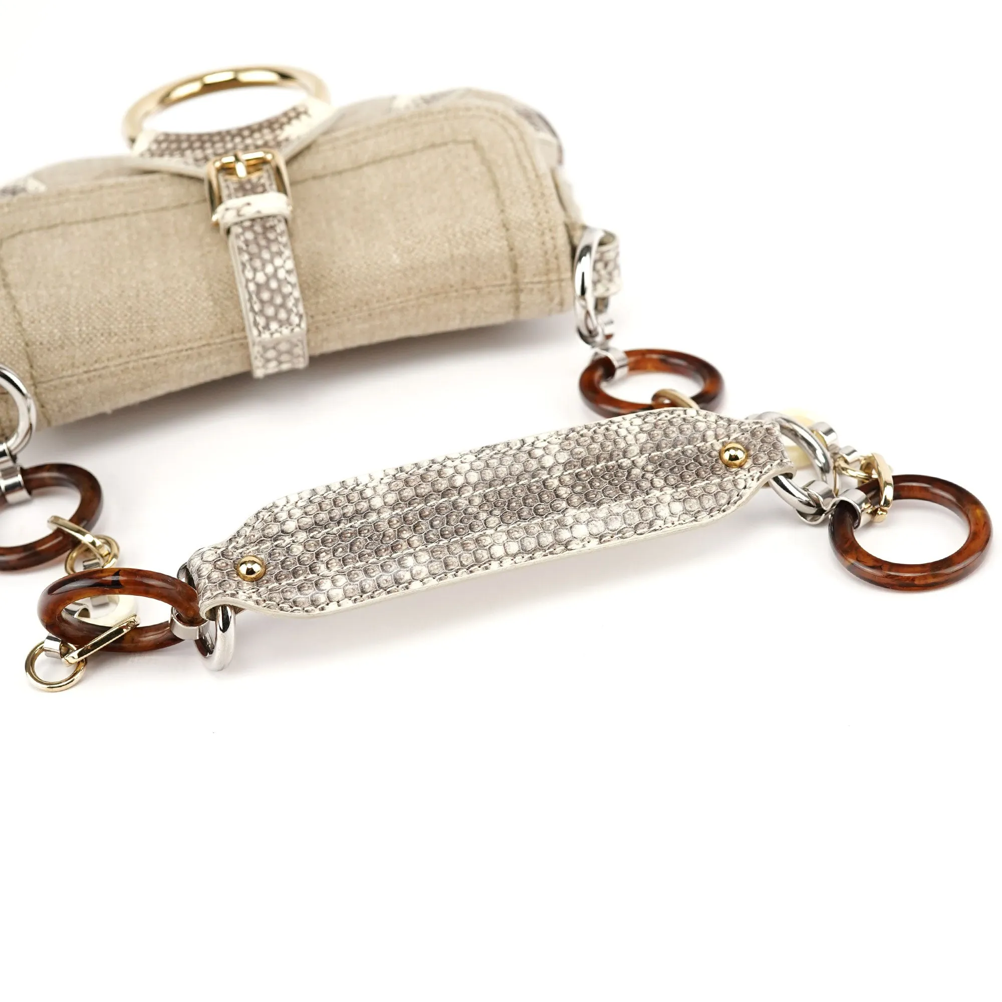 Beige Canvas Snakeskin Shoulder Bag