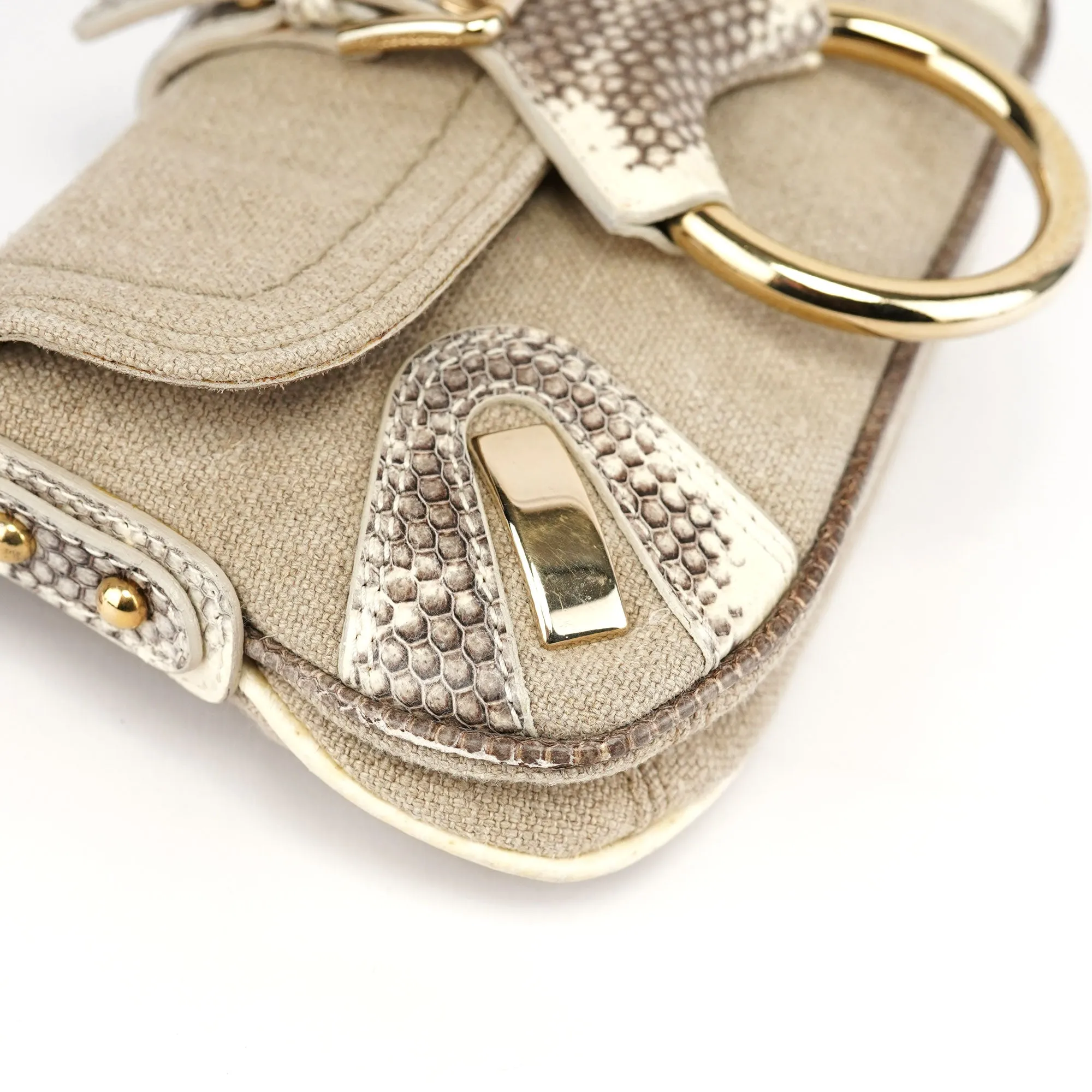 Beige Canvas Snakeskin Shoulder Bag
