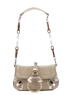 Beige Canvas Snakeskin Shoulder Bag