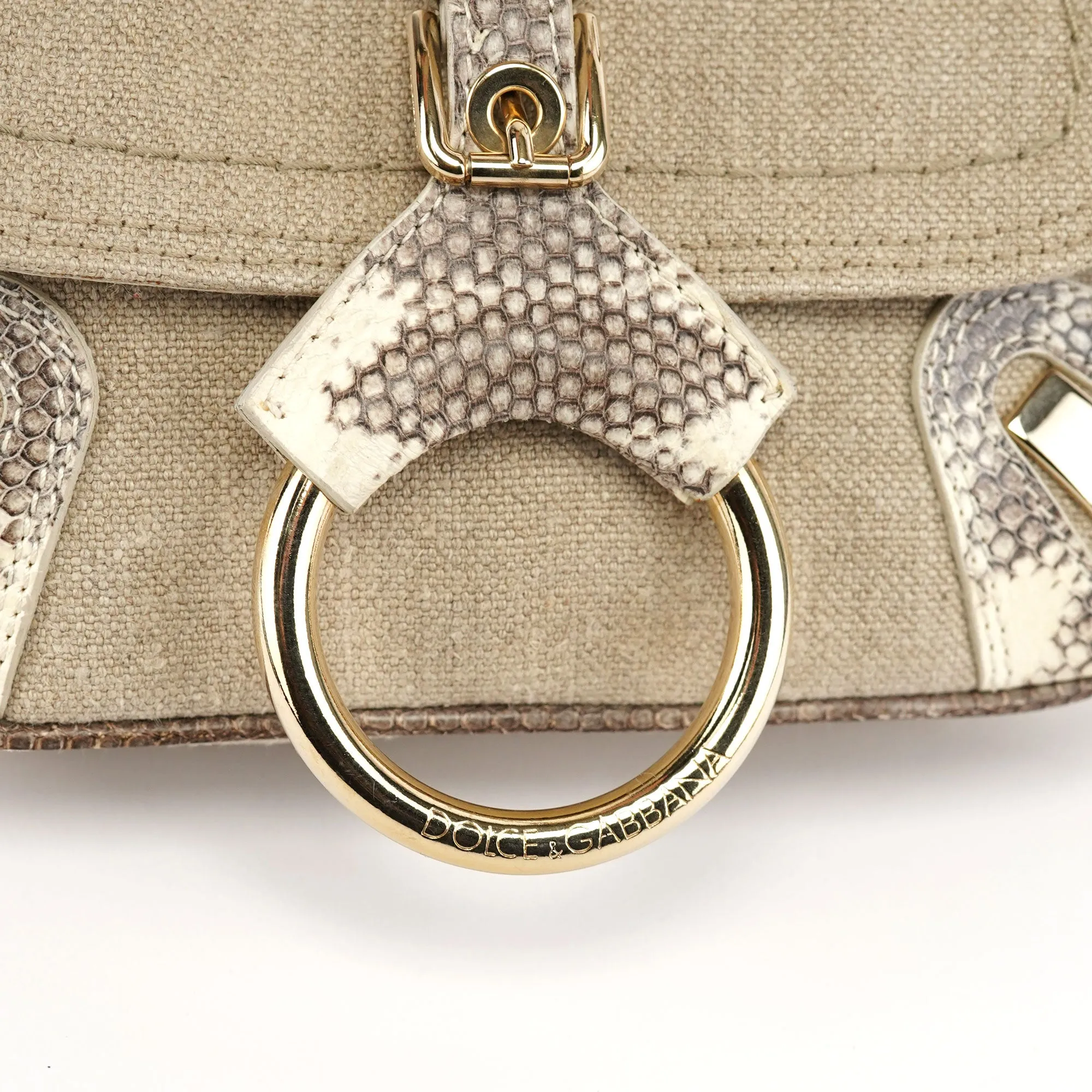 Beige Canvas Snakeskin Shoulder Bag
