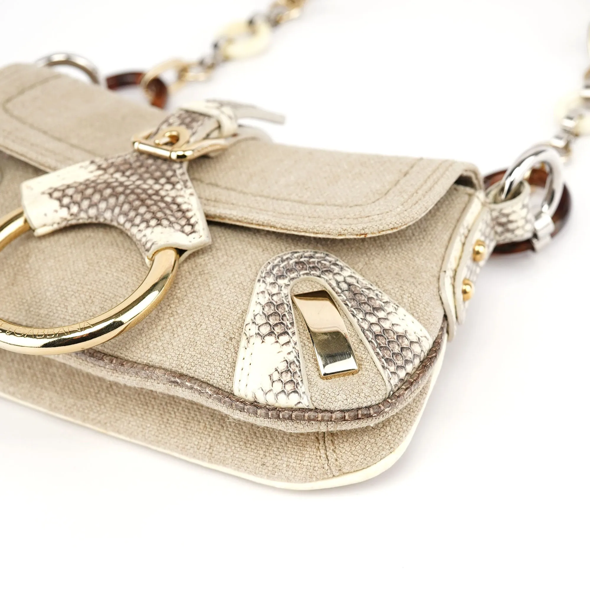 Beige Canvas Snakeskin Shoulder Bag