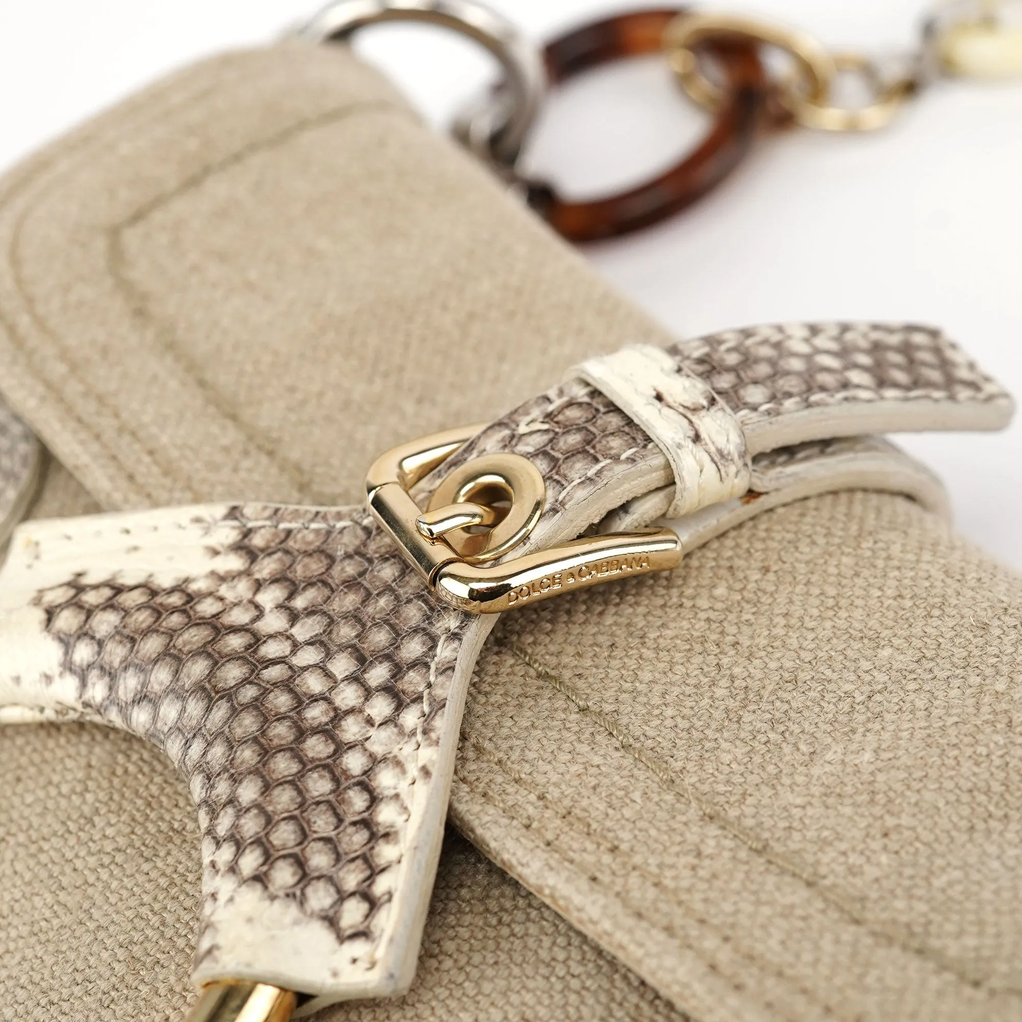 Beige Canvas Snakeskin Shoulder Bag
