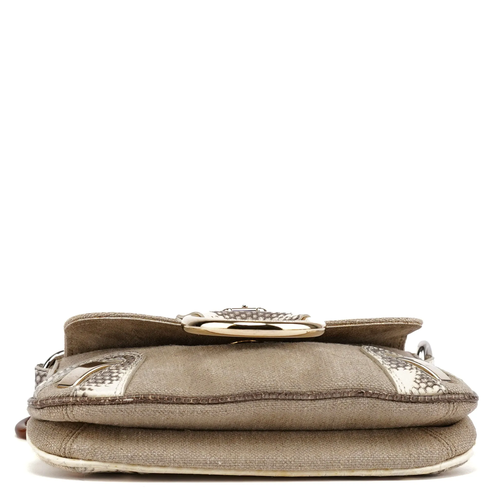 Beige Canvas Snakeskin Shoulder Bag