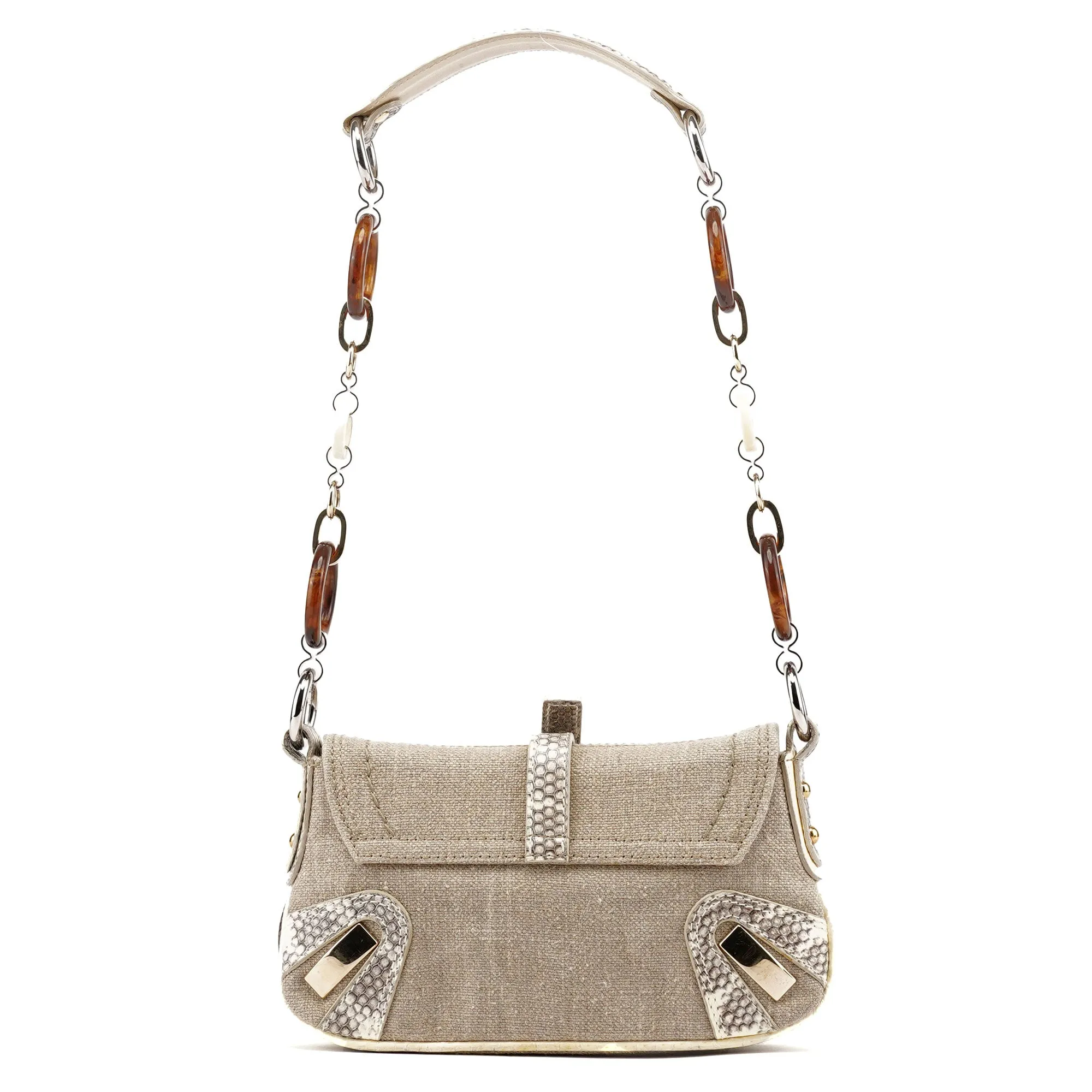 Beige Canvas Snakeskin Shoulder Bag