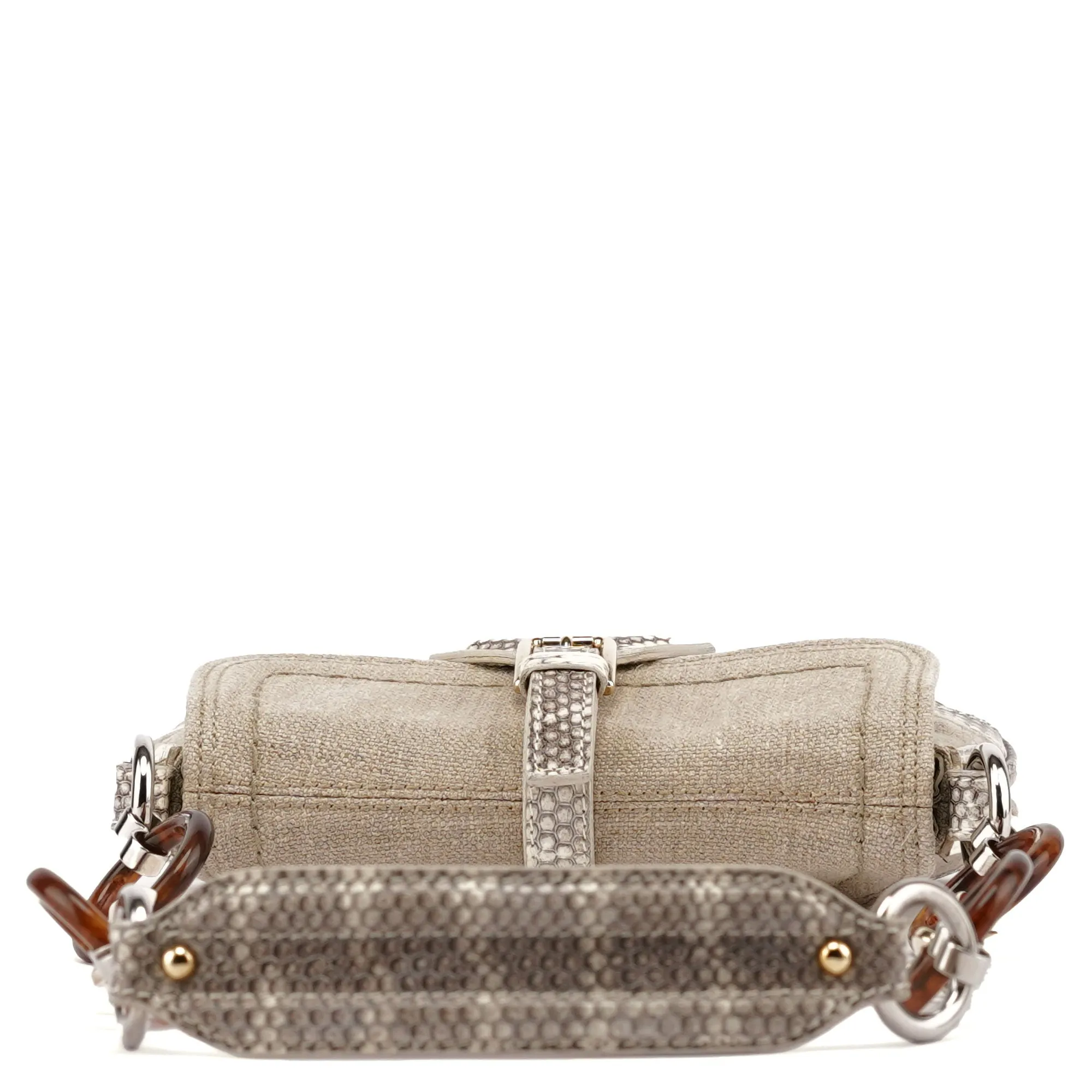 Beige Canvas Snakeskin Shoulder Bag