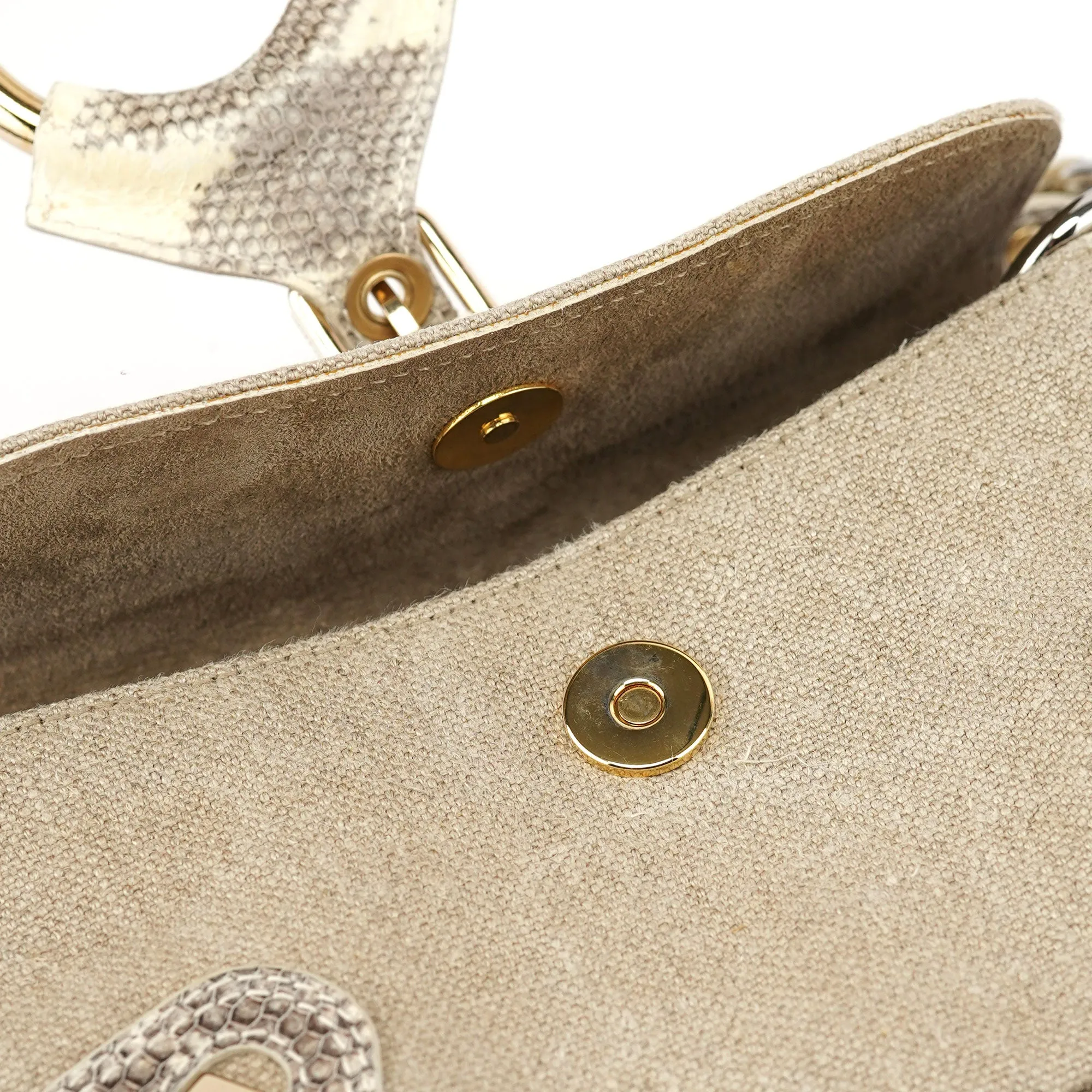 Beige Canvas Snakeskin Shoulder Bag