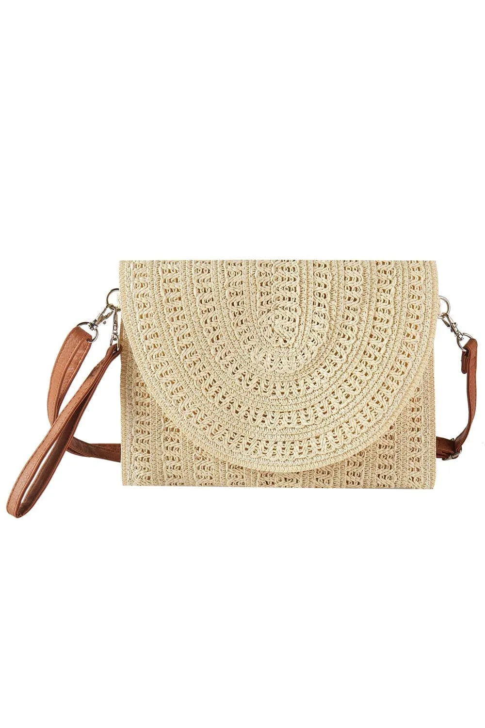 Beige Woven Pattern Straw Clutch/Crossbody Bag