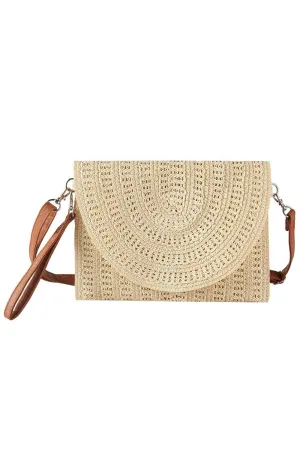 Beige Woven Pattern Straw Clutch/Crossbody Bag