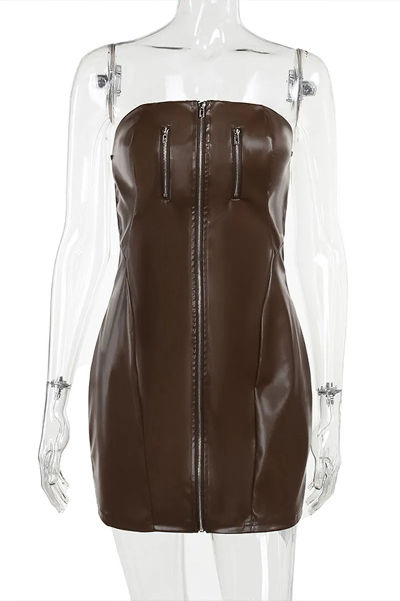 BI759 Faux Leather Zipper Mini Dress