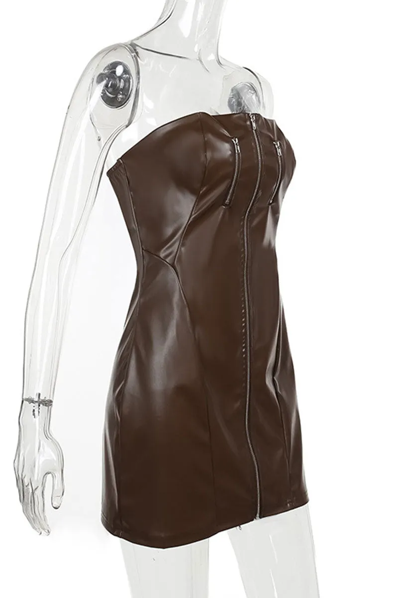 BI759 Faux Leather Zipper Mini Dress