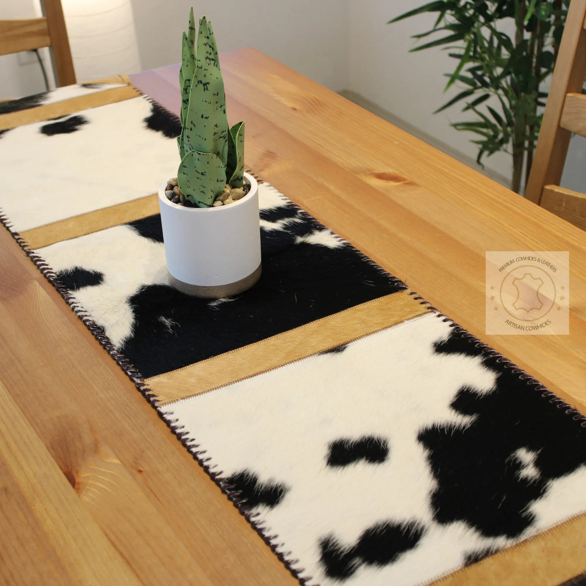 Black & White Cowhide and Sea Life Gold Embossed Leather Table Runner - 8 ft long - Table Decor Runner
