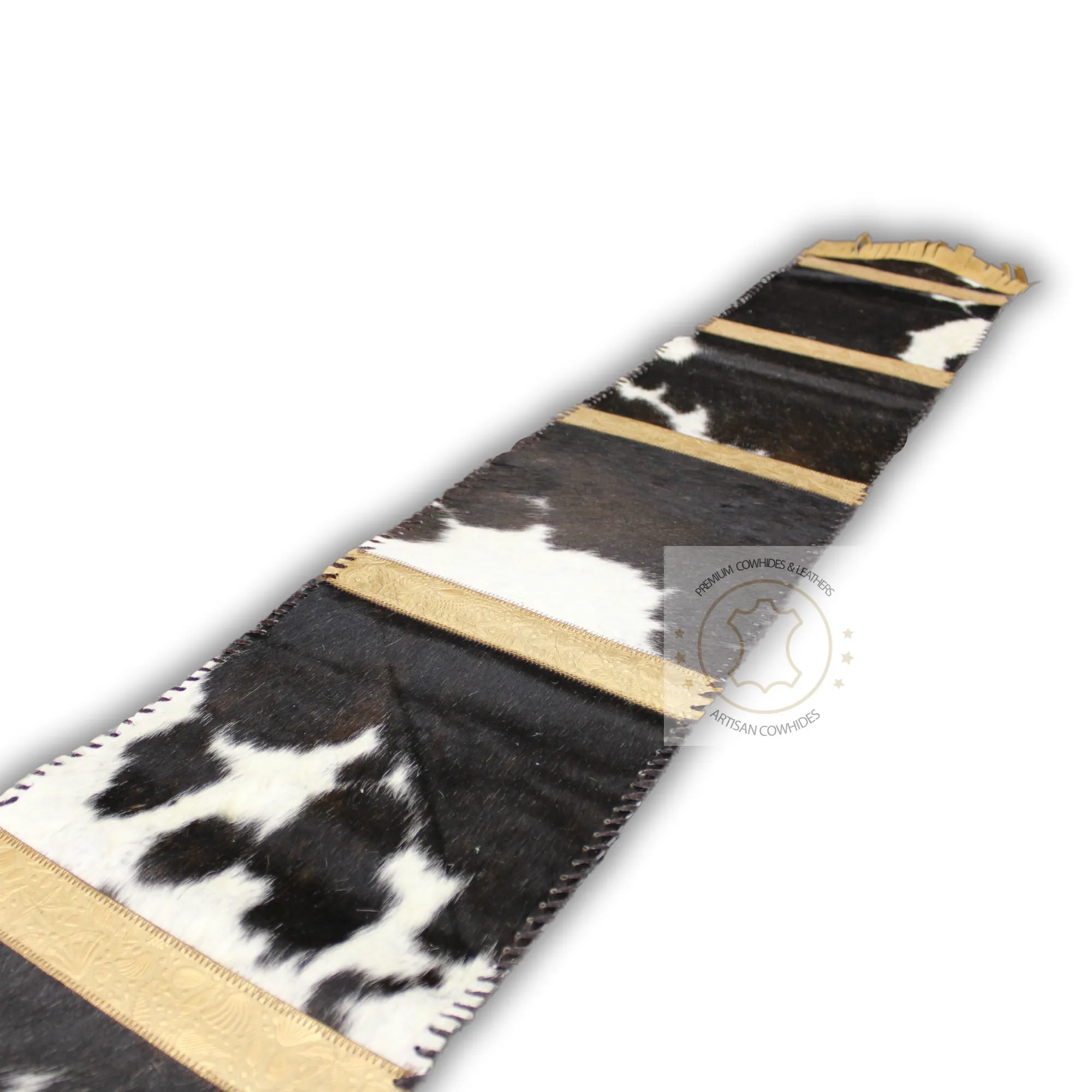 Black & White Cowhide and Sea Life Gold Embossed Leather Table Runner - 8 ft long - Table Decor Runner