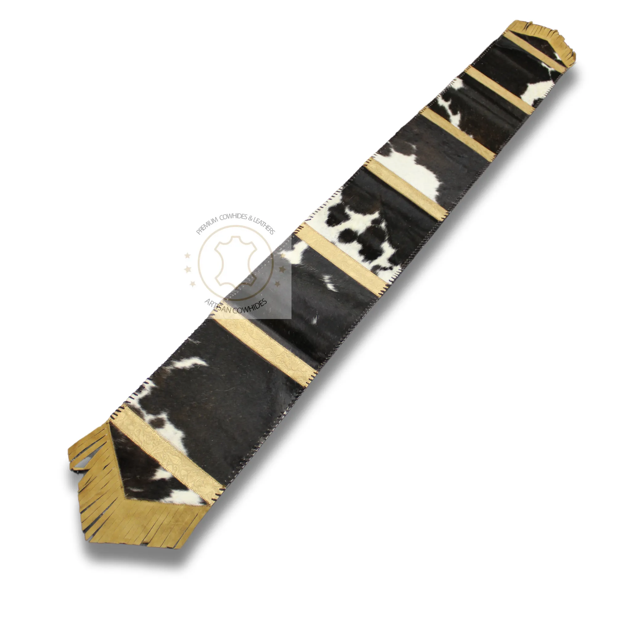 Black & White Cowhide and Sea Life Gold Embossed Leather Table Runner - 8 ft long - Table Decor Runner
