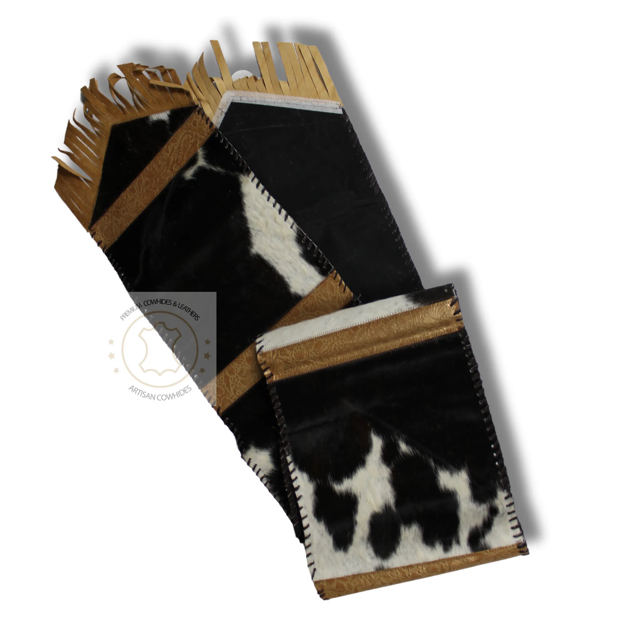 Black & White Cowhide and Sea Life Gold Embossed Leather Table Runner - 8 ft long - Table Decor Runner