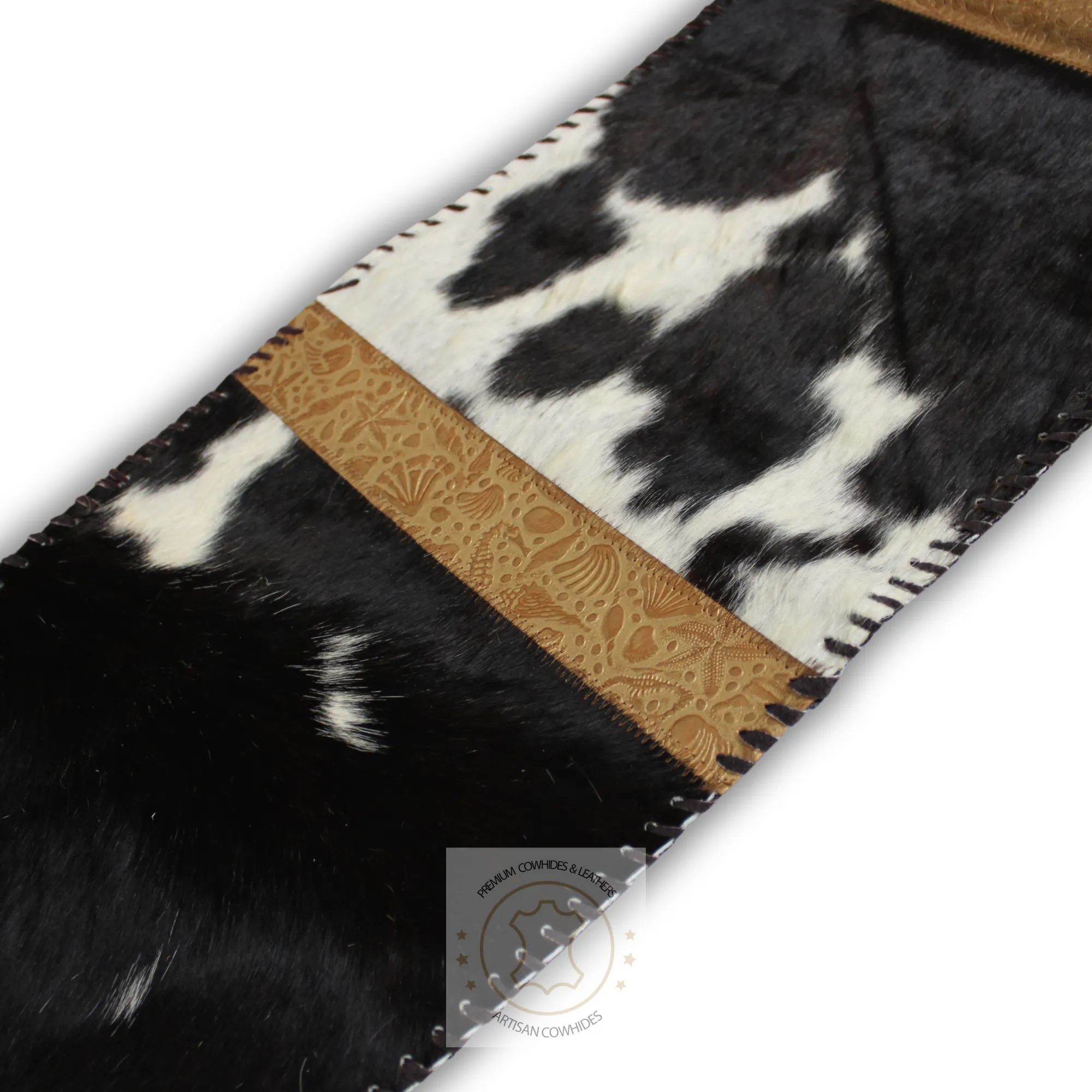 Black & White Cowhide and Sea Life Gold Embossed Leather Table Runner - 8 ft long - Table Decor Runner