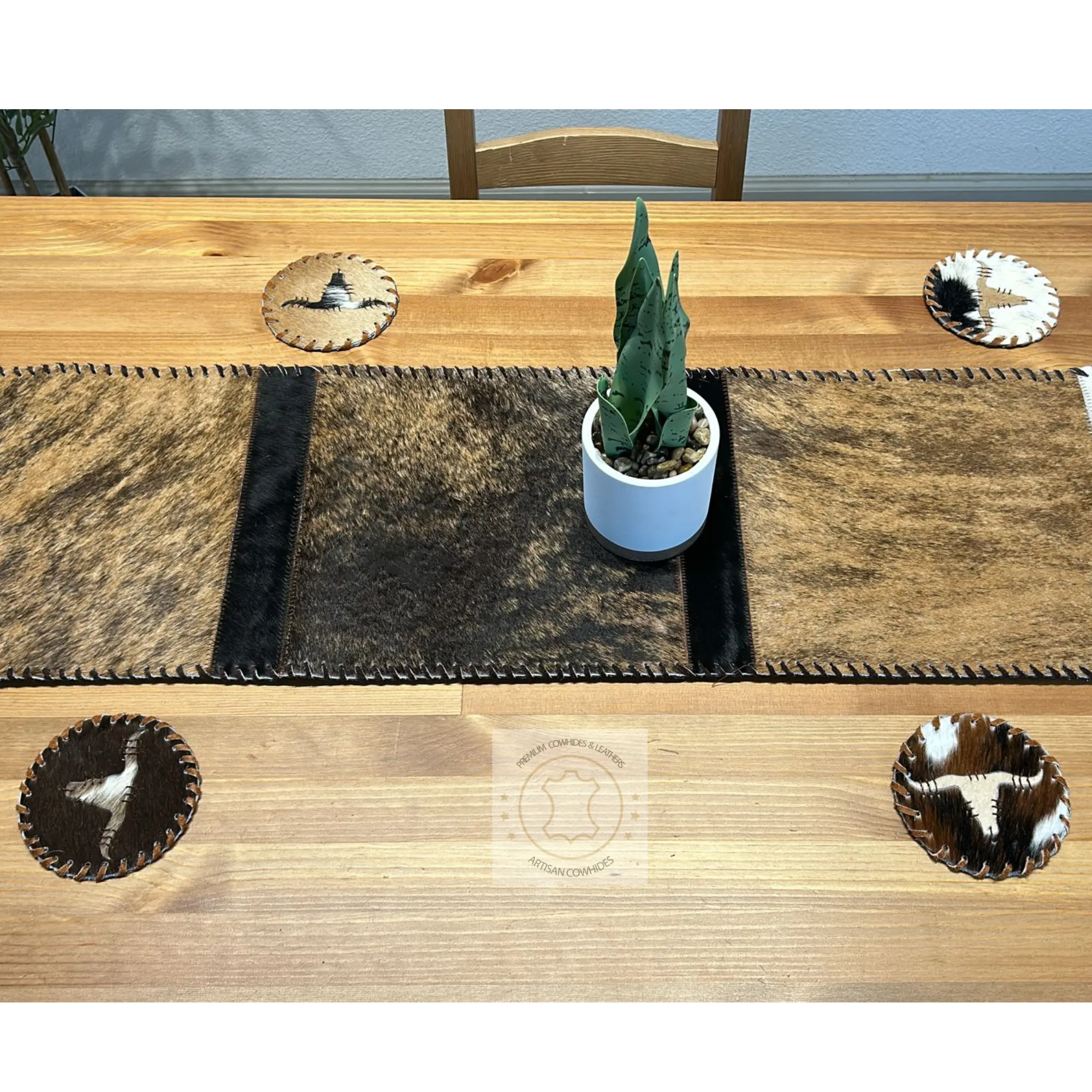 Black & White Cowhide and Sea Life Gold Embossed Leather Table Runner - 8 ft long - Table Decor Runner