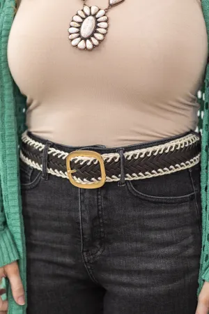 Black Crochet Trimmed Woven Leather Belt