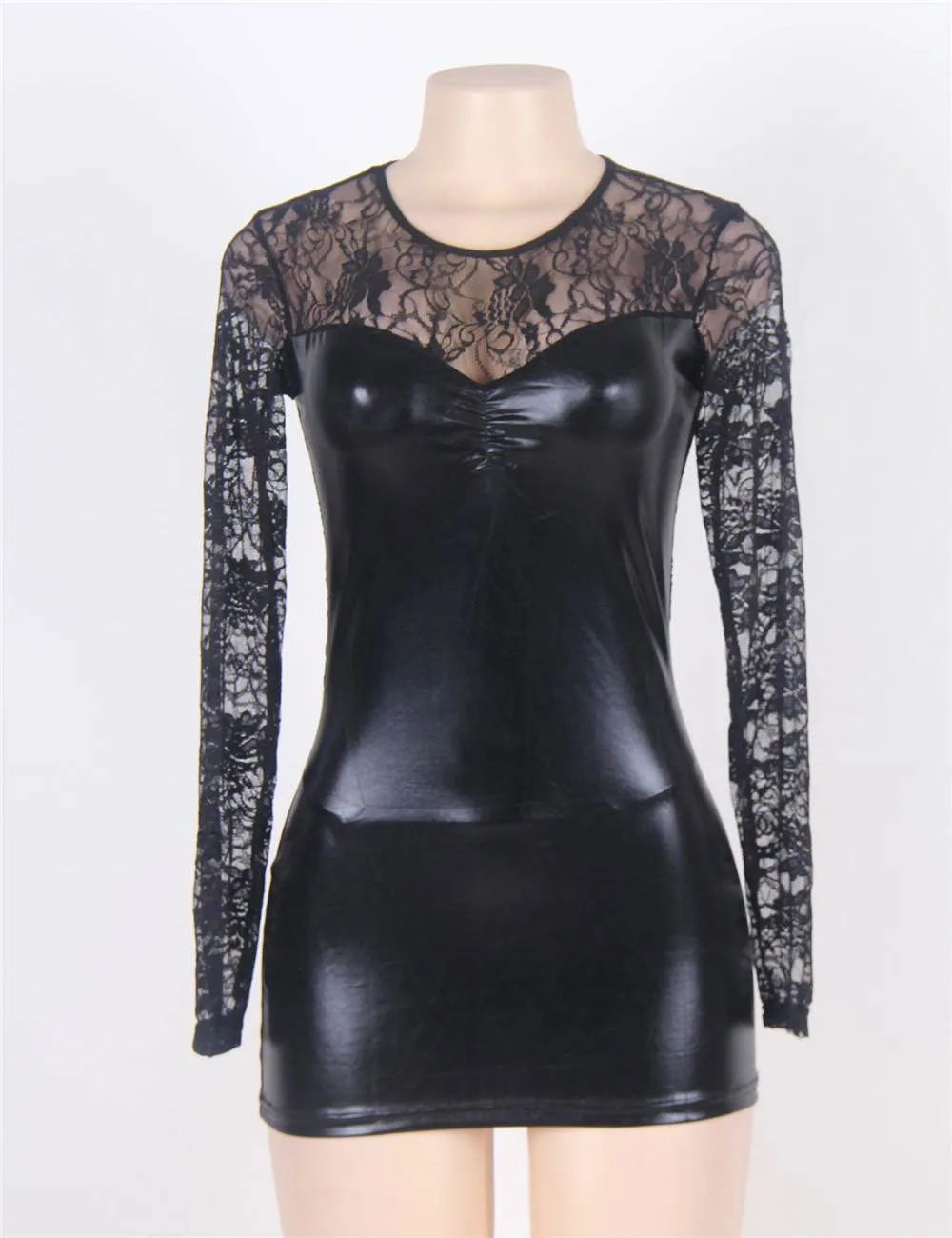 Black Long Sleeves PU Leather Lace Sexy Egypt Nightdress