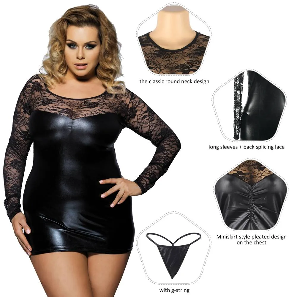 Black Long Sleeves PU Leather Lace Sexy Egypt Nightdress