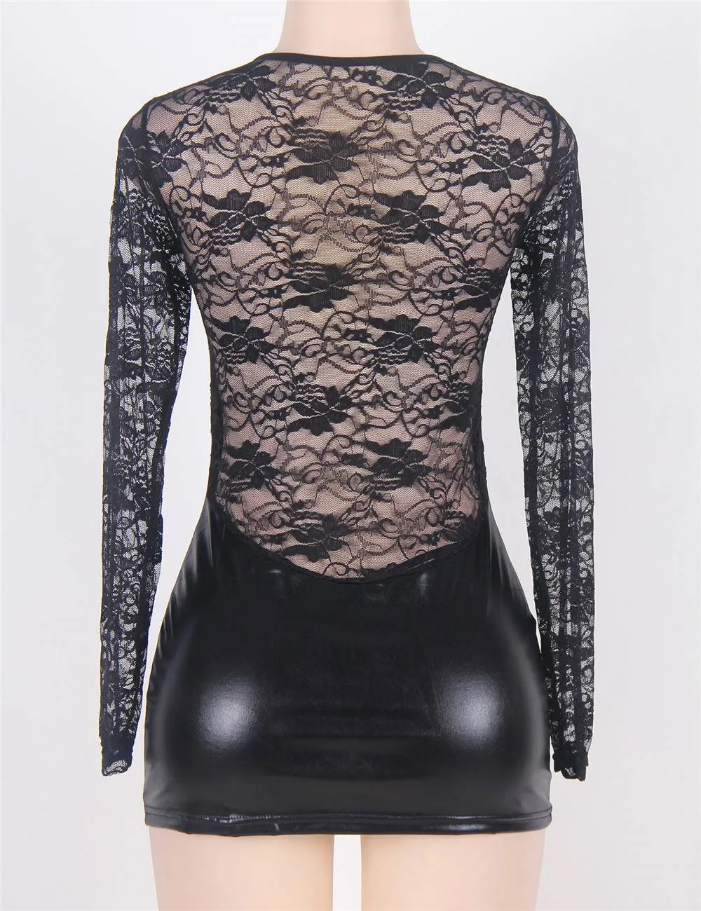 Black Long Sleeves PU Leather Lace Sexy Egypt Nightdress