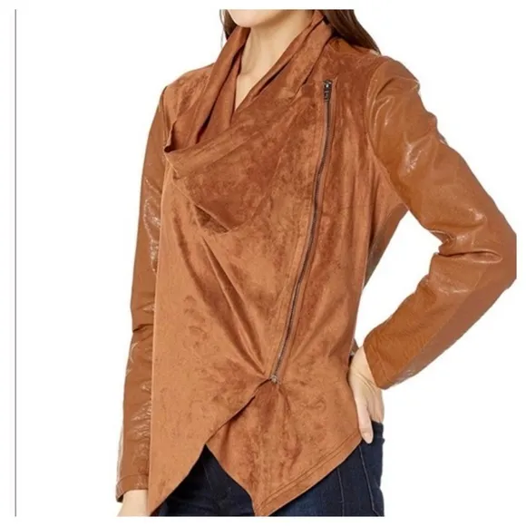 Blank NYC Draped Moto Faux Vegan Leather Mixed Media Jacket S.