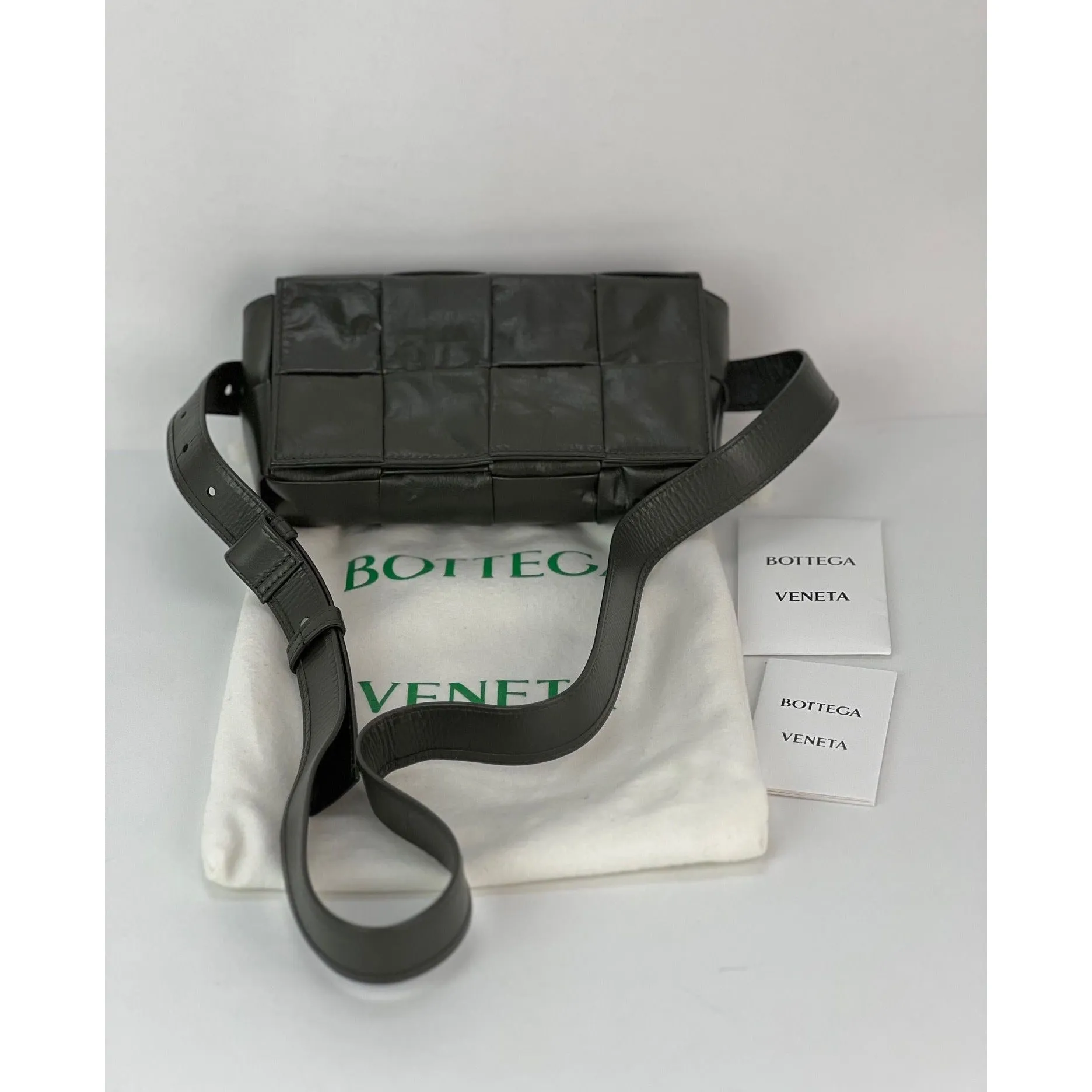 Bottega Veneta Calfskin Intreccio Cassette Belt Sling Bag Dark Green