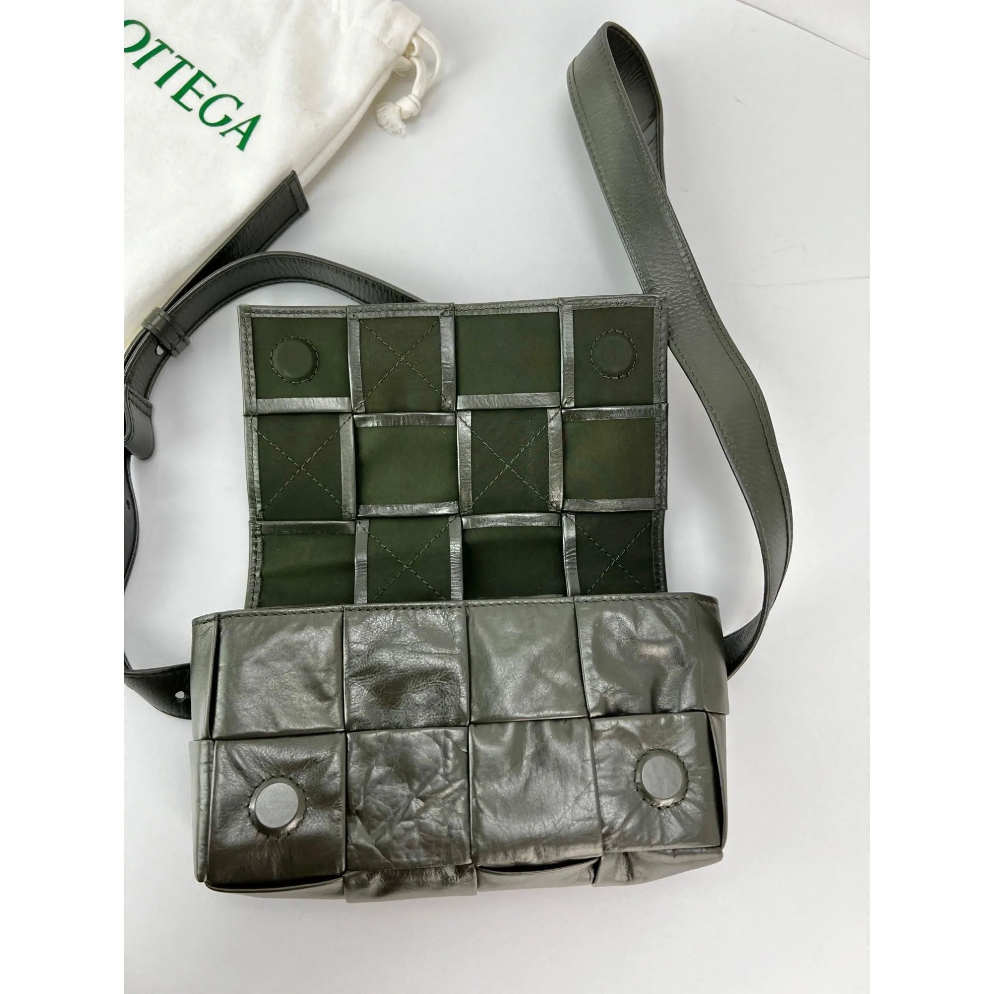 Bottega Veneta Calfskin Intreccio Cassette Belt Sling Bag Dark Green