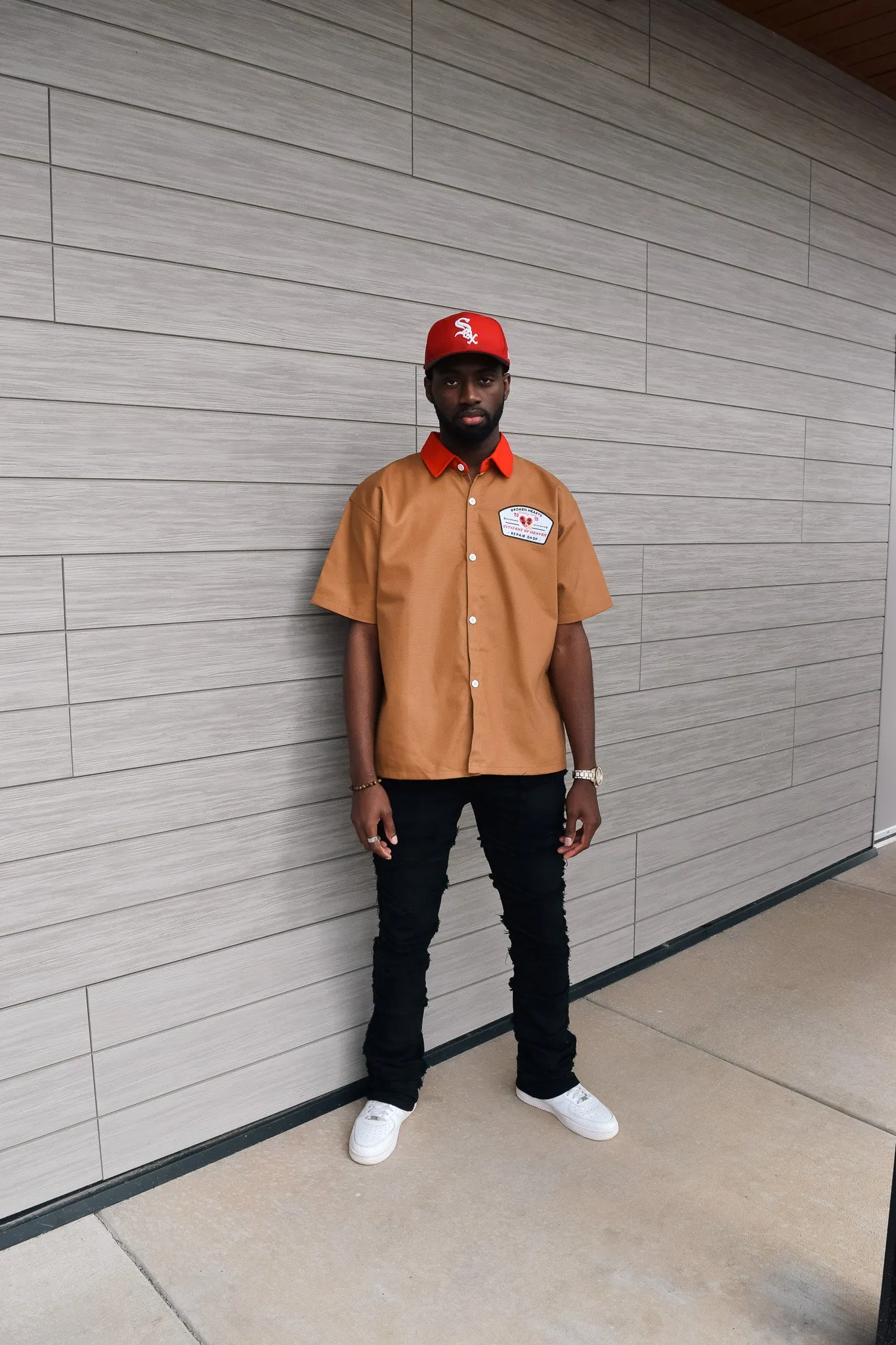 Broken Hearts Repair Shop Mechanic Shirt- Saddle Brown