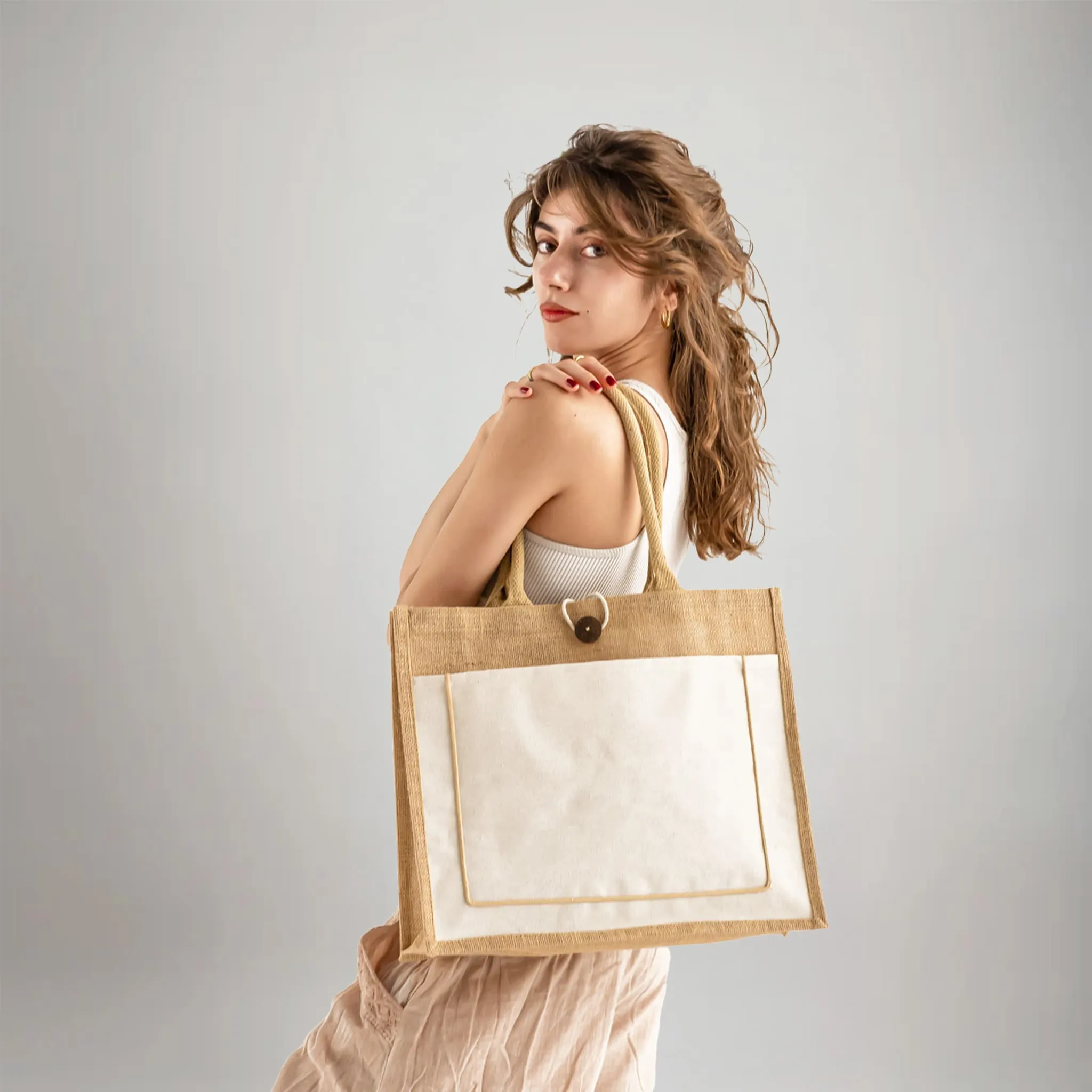 Button-Closure Jute Tote