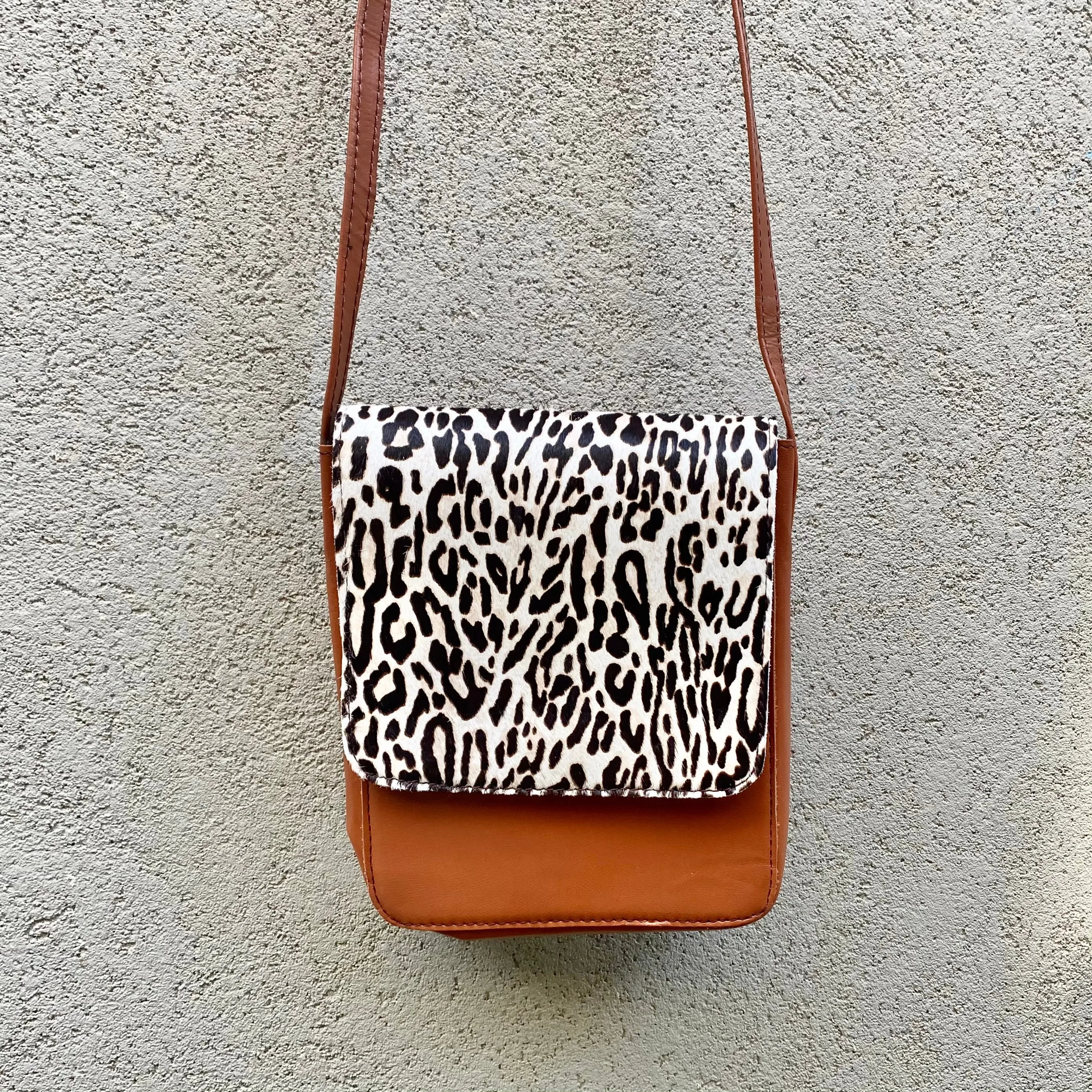 Carolina Cowhide and Leather Crossbody Bag - Leopard, Dark Tan