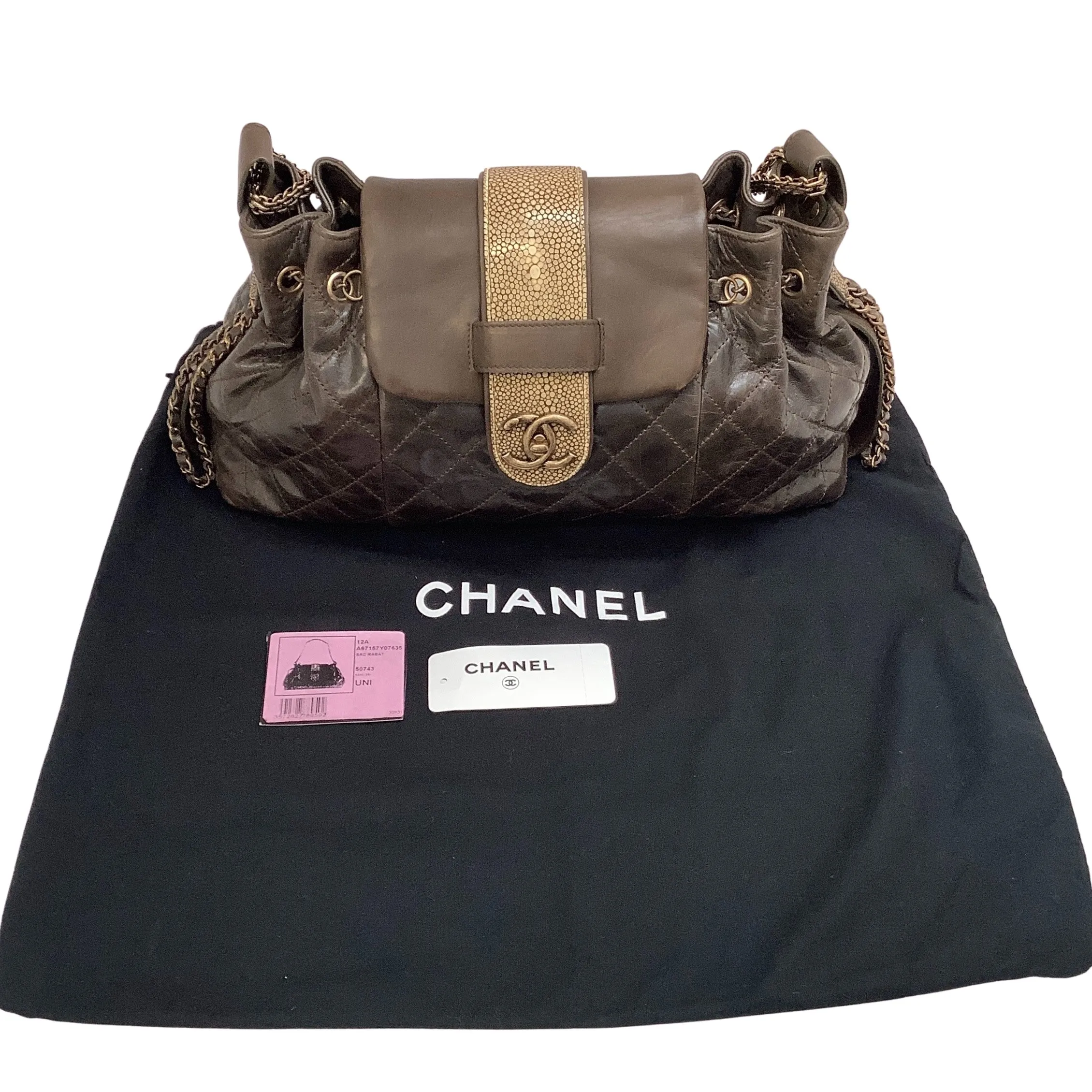 Chanel 2012 Brown Leather Quilted Bindi Shoulder Bag with Stingray Flap