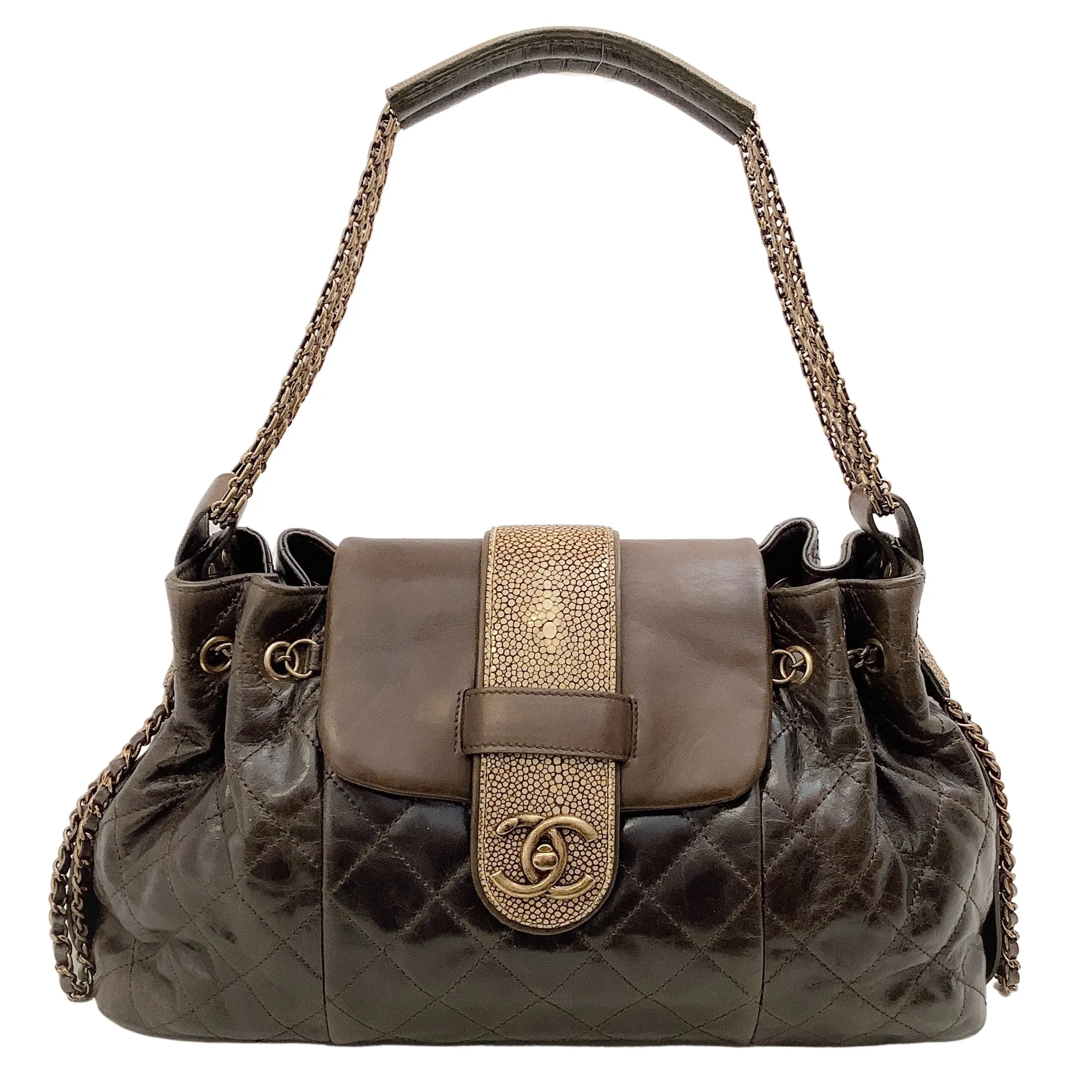 Chanel 2012 Brown Leather Quilted Bindi Shoulder Bag with Stingray Flap