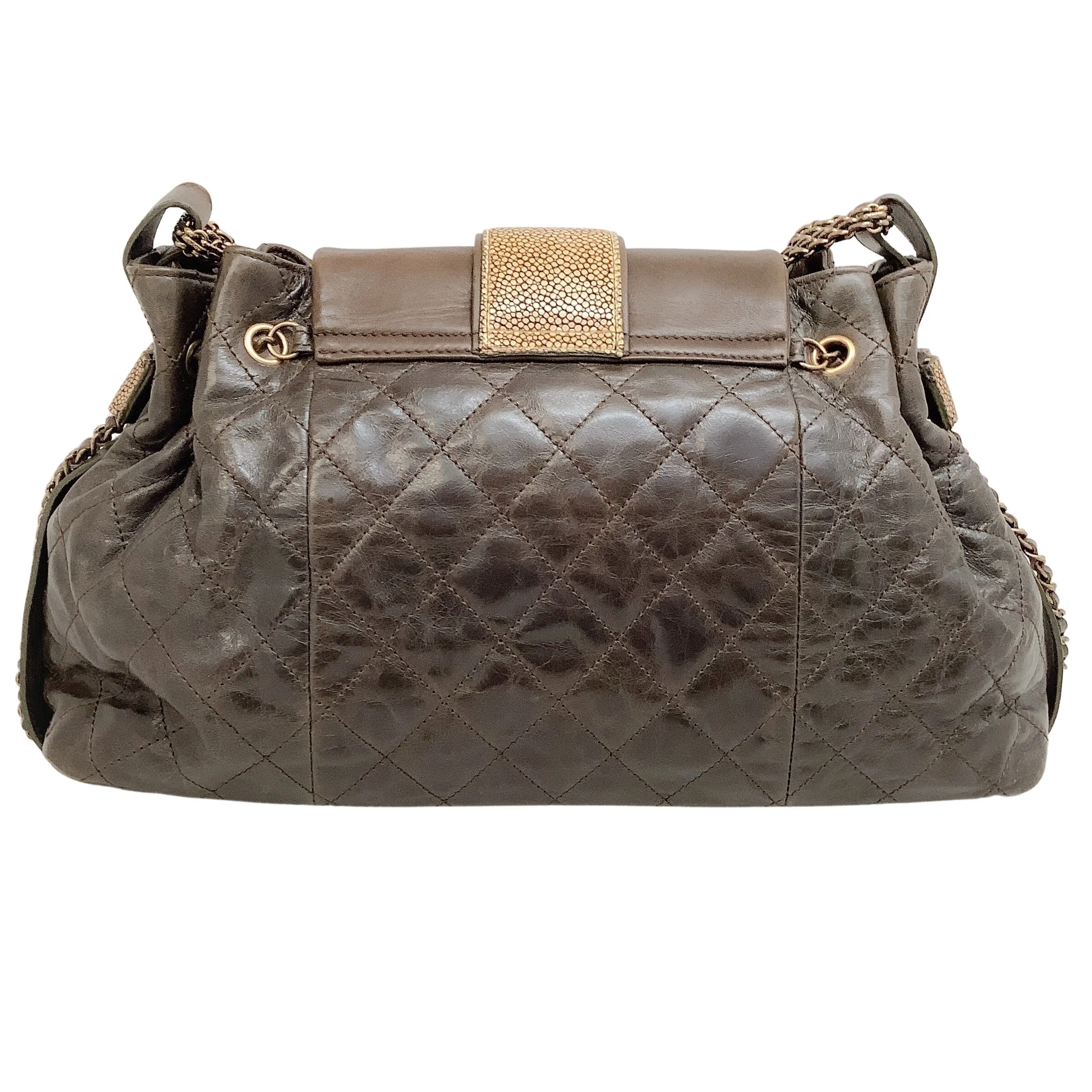 Chanel 2012 Brown Leather Quilted Bindi Shoulder Bag with Stingray Flap