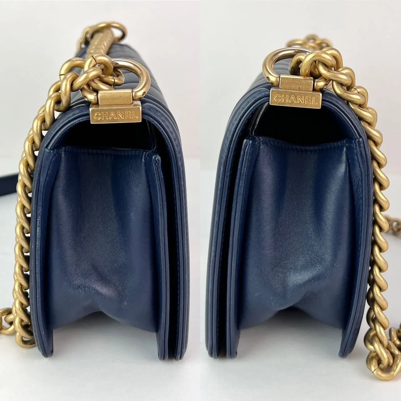 CHANEL Lambskin Chevron Quilted Medium Boy Flap Navy Blue Shoulder Bag