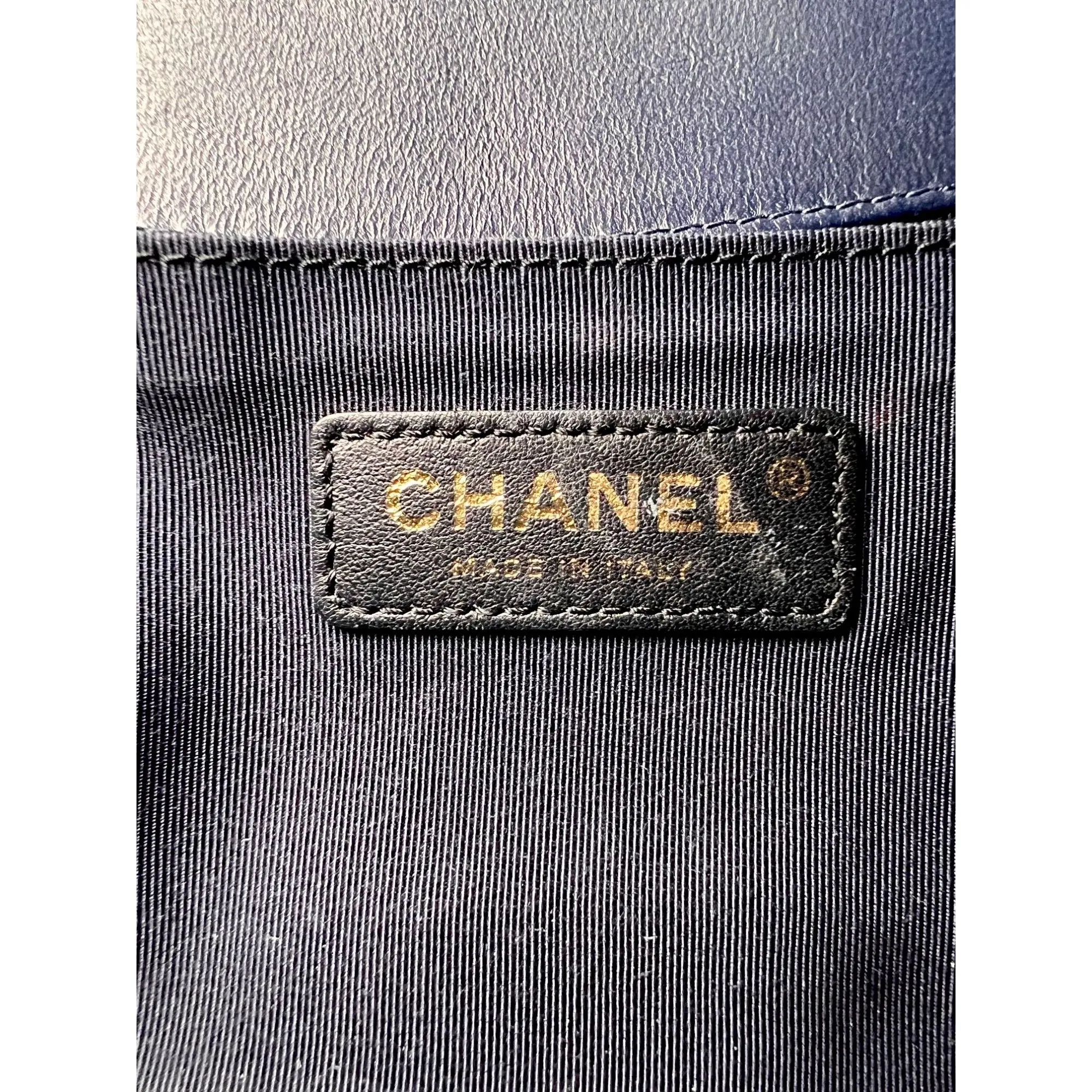 CHANEL Lambskin Chevron Quilted Medium Boy Flap Navy Blue Shoulder Bag