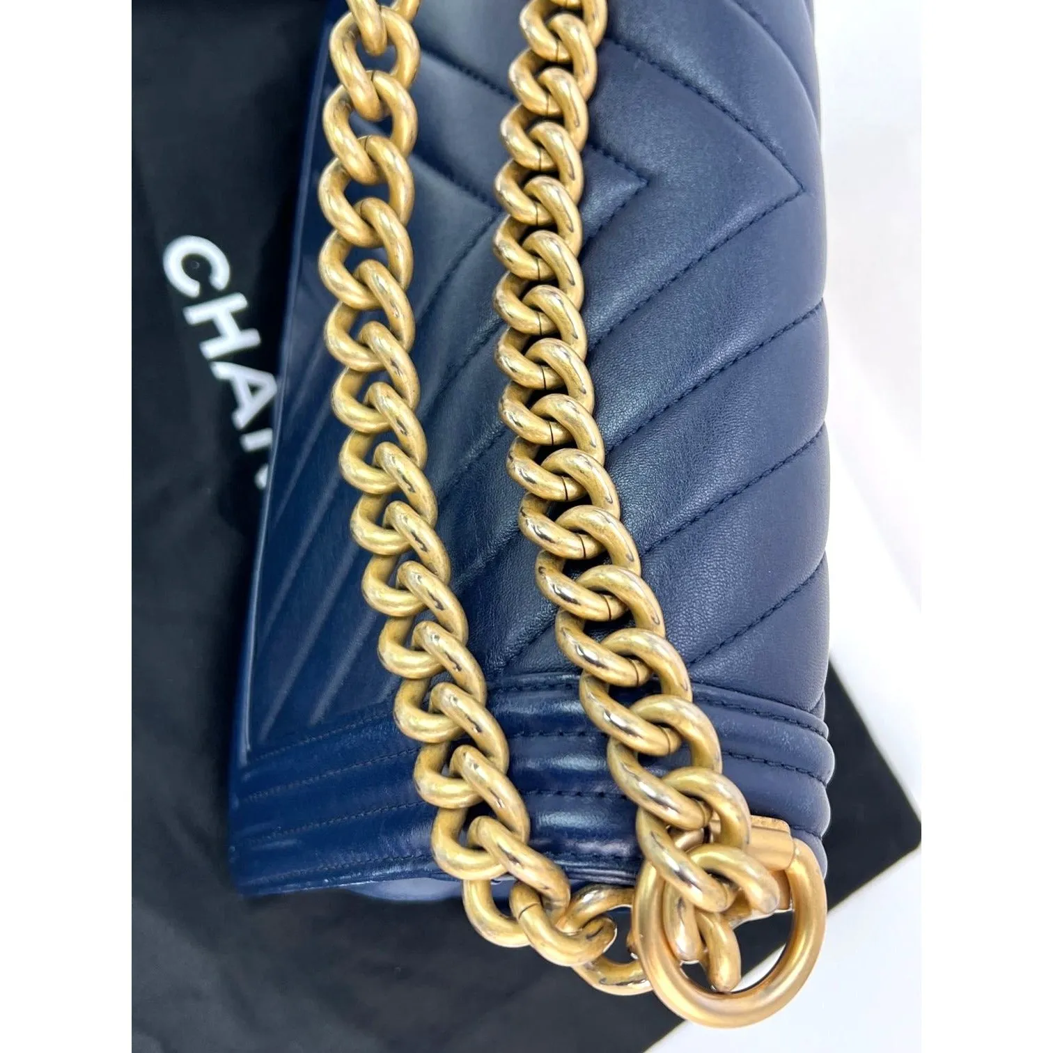 CHANEL Lambskin Chevron Quilted Medium Boy Flap Navy Blue Shoulder Bag