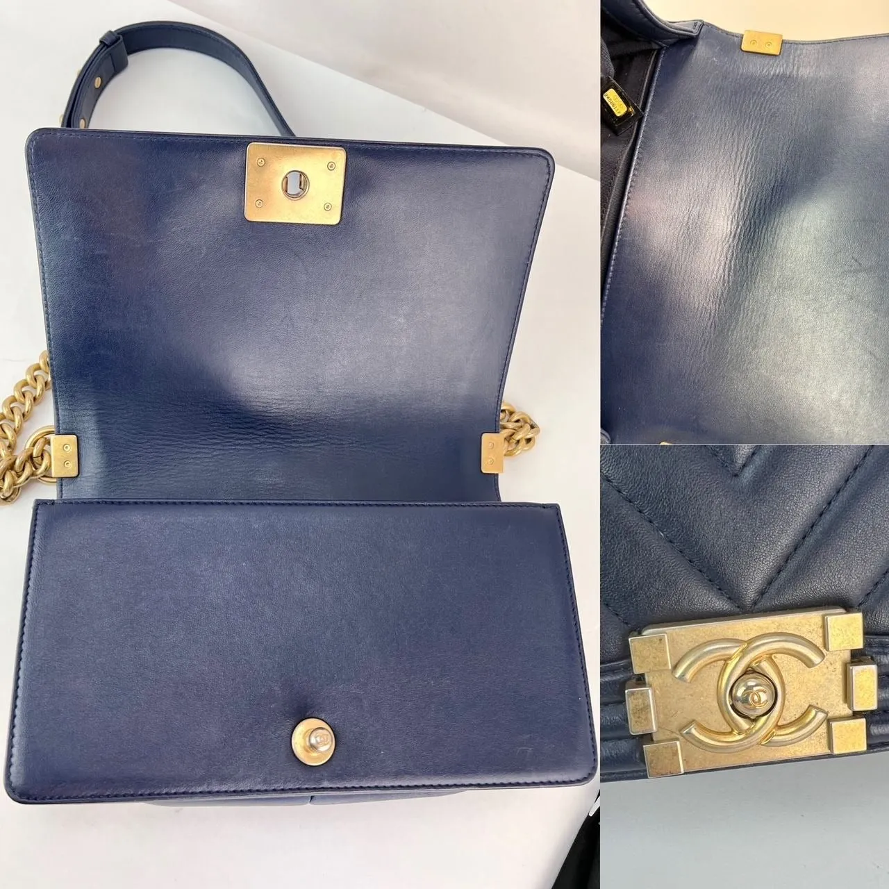 CHANEL Lambskin Chevron Quilted Medium Boy Flap Navy Blue Shoulder Bag