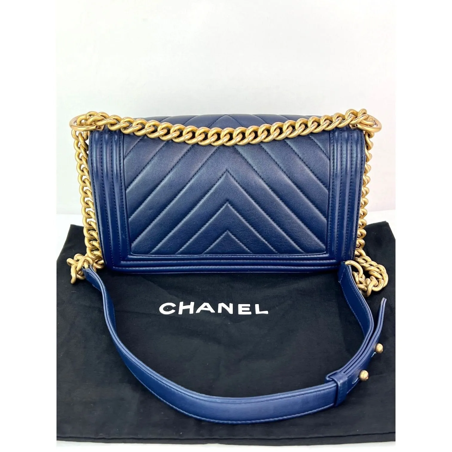 CHANEL Lambskin Chevron Quilted Medium Boy Flap Navy Blue Shoulder Bag