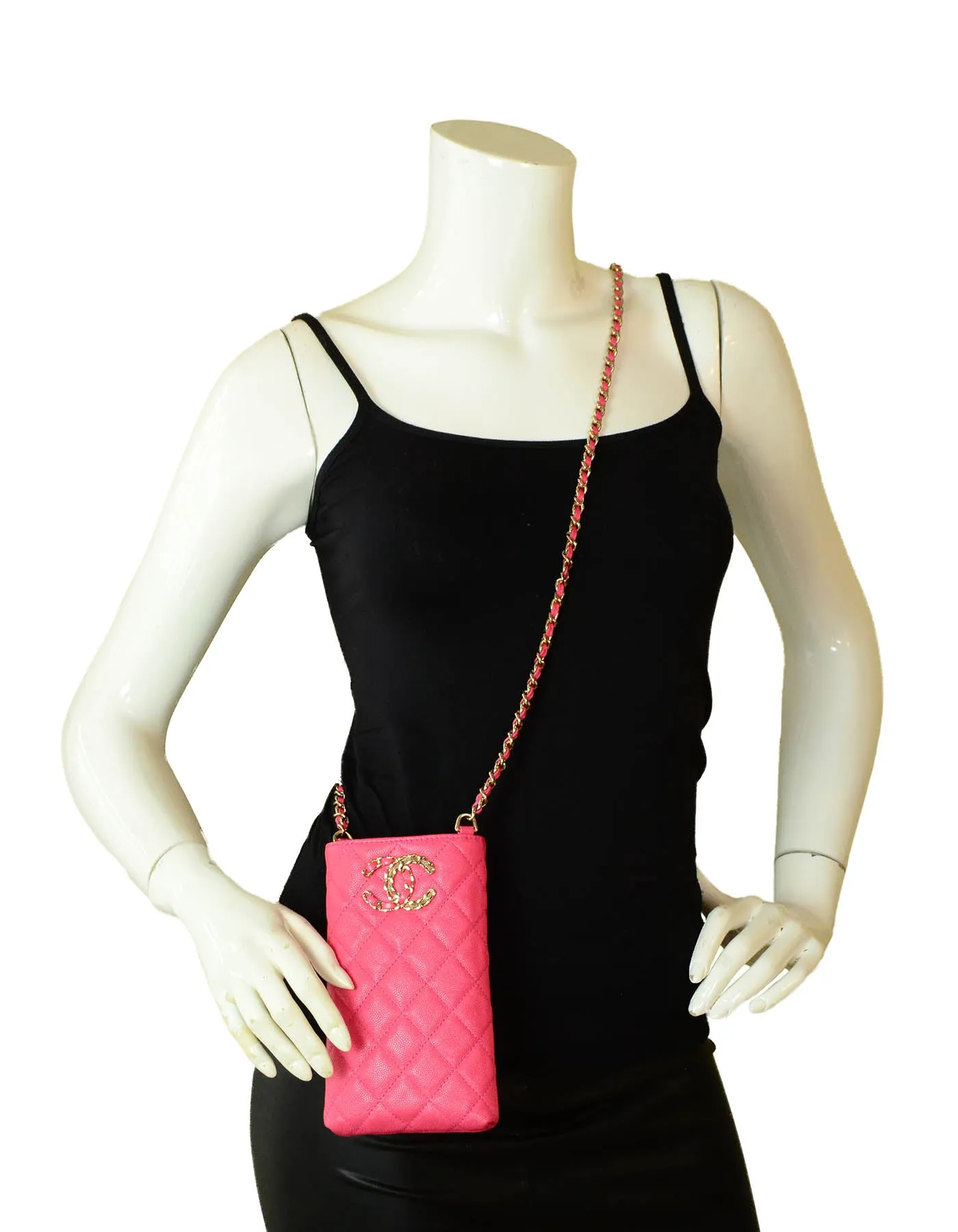 Chanel Pink Caviar Quilted CC Phone Holder Crossbody Bag
