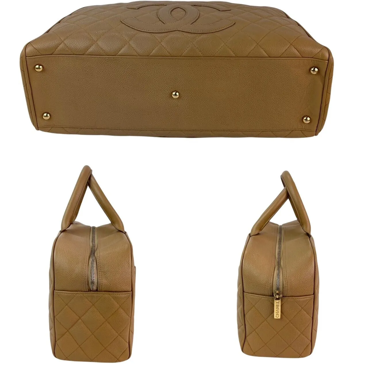 Chanel Quilted Caviar Vintage Large Beige Bowler Hand Bag
