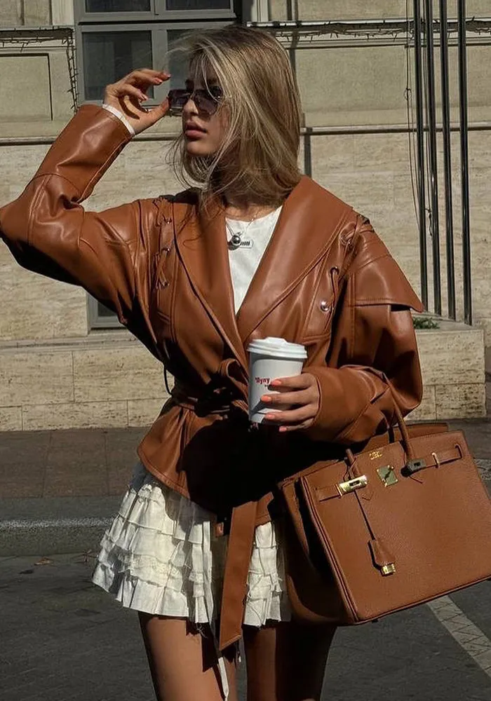 Chic Oversized Faux Leather Jacket with Retro American Vibes